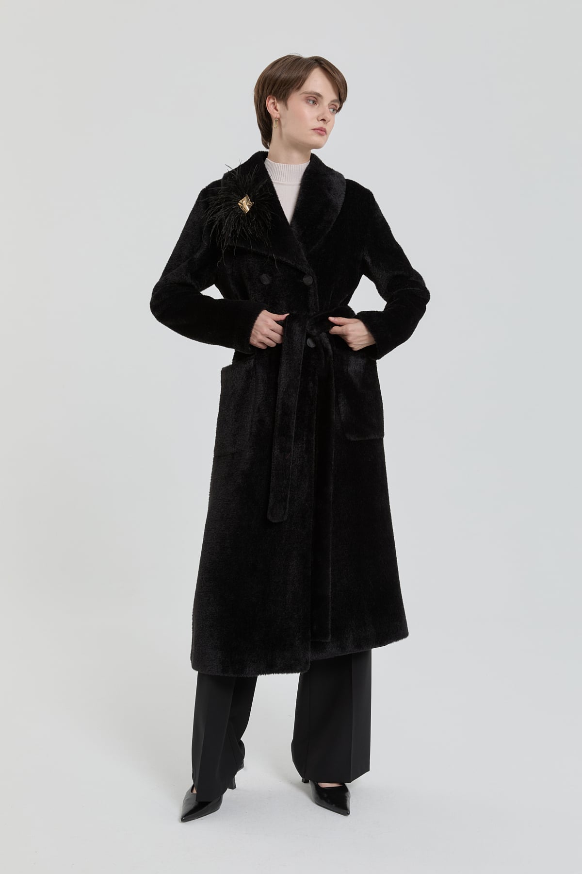 NİHAN Coat Kuşaklı Kruvaze Angora Kaban  Siyah_modest