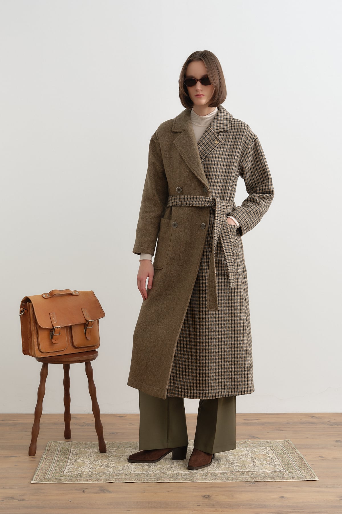 NİHAN Coat Kuşaklı Kruvaze Kaban  Haki_modest