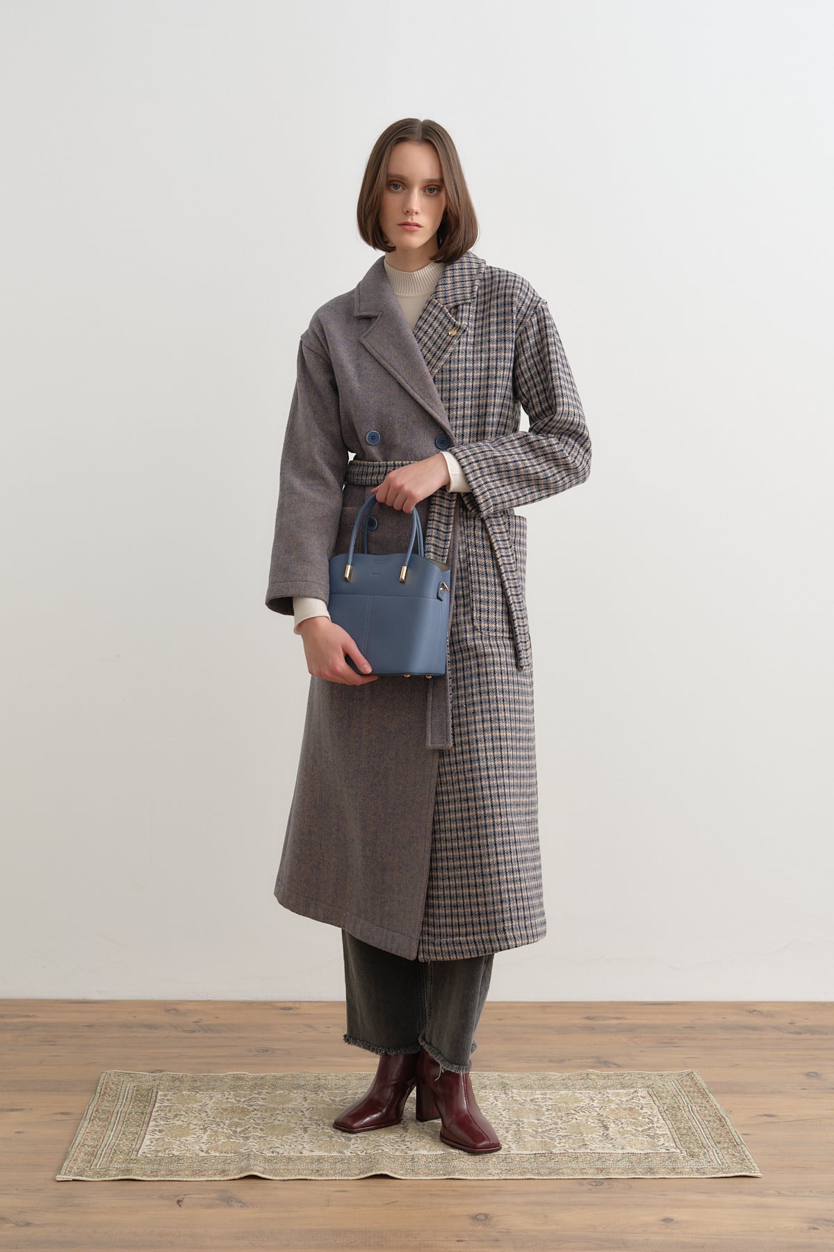 NİHAN Coat Kuşaklı Kruvaze Kaban  İndigo_modest
