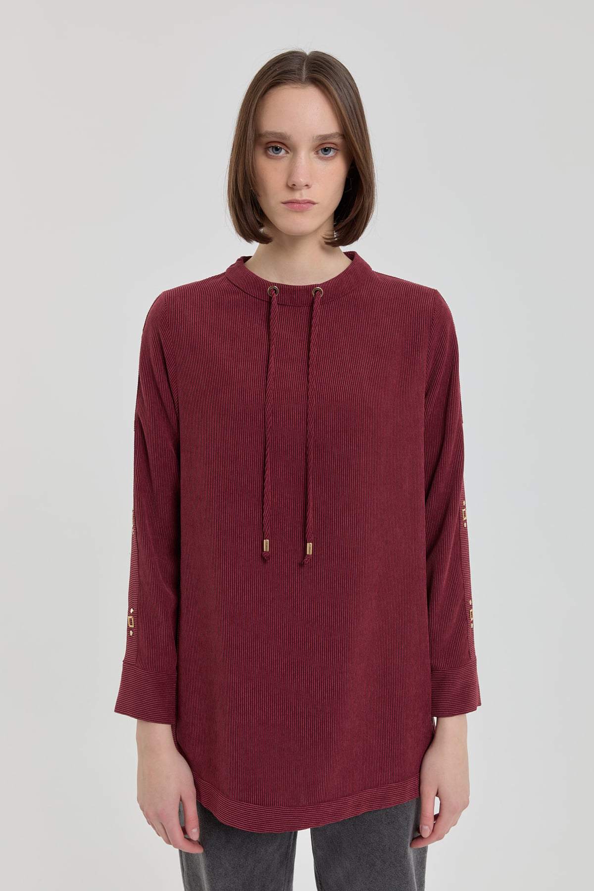NİHAN Tunik Metal Aksesuarlı Kadife Tunik  Bordo_modest