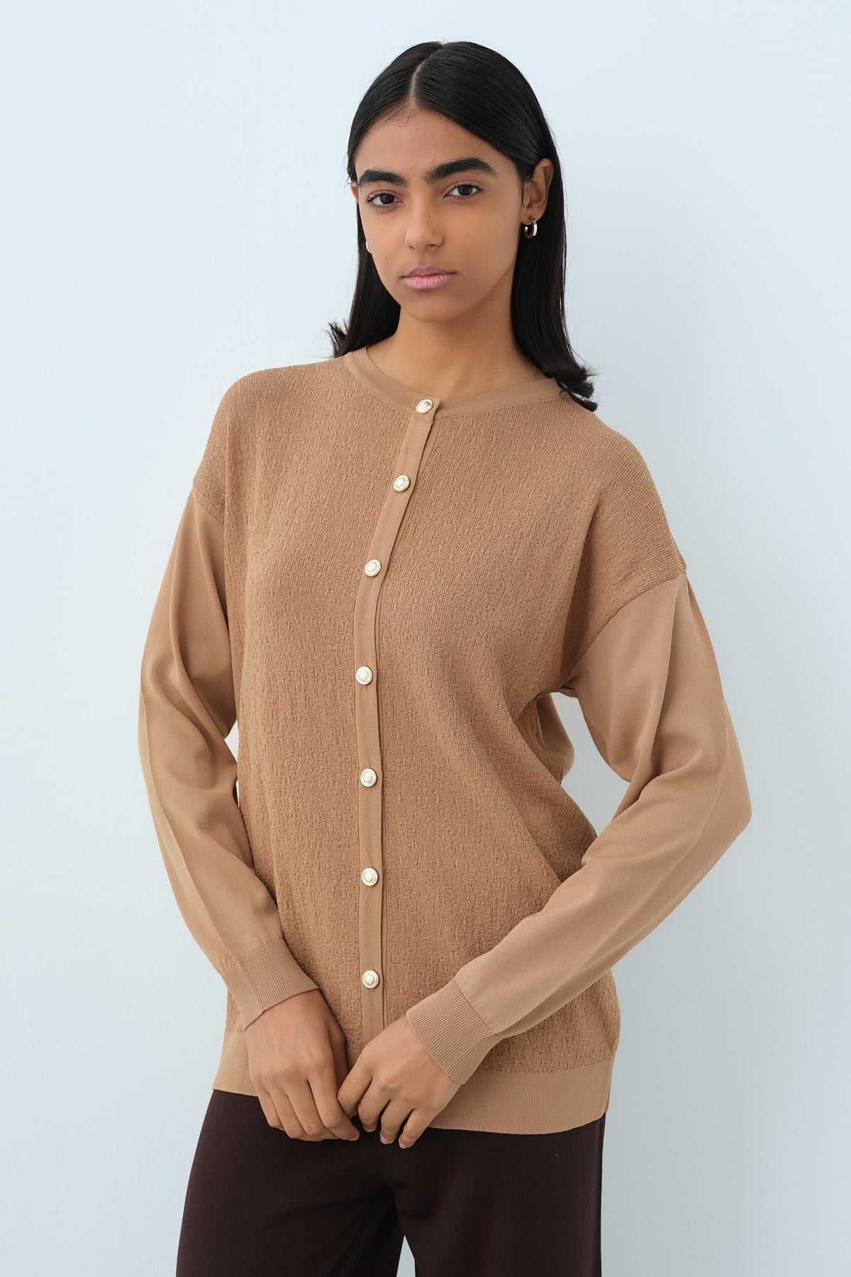 NİHAN Cardigan Nihan Ağaç Kabuğu Triko Blazer Hırka  Camel_modest