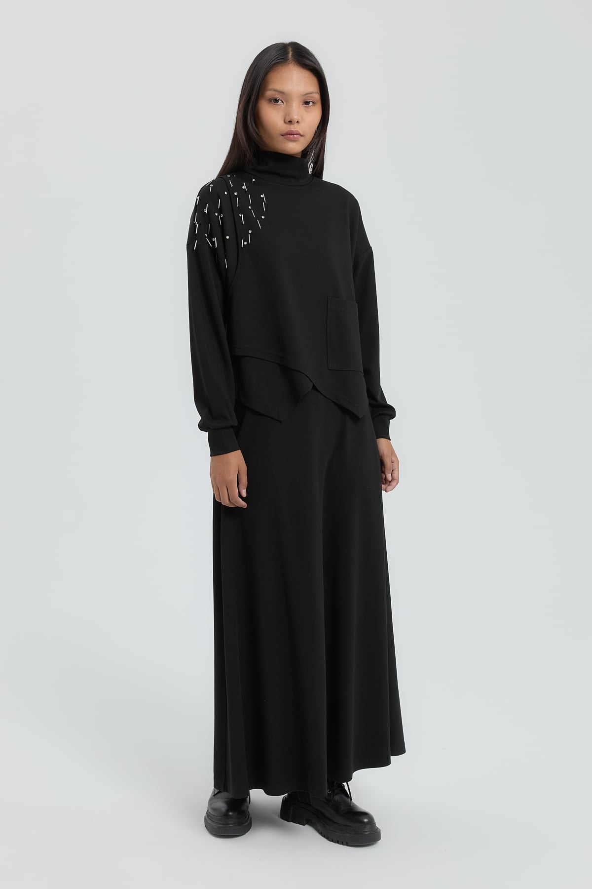 NİHAN Takım Nihan Asimetrik Detaylı Etek Bluz Takım  Siyah_modest