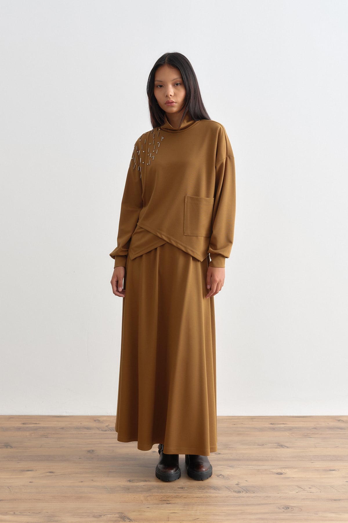 NİHAN Takım Nihan Asimetrik Detaylı Etek Bluz Takım  Olive_modest