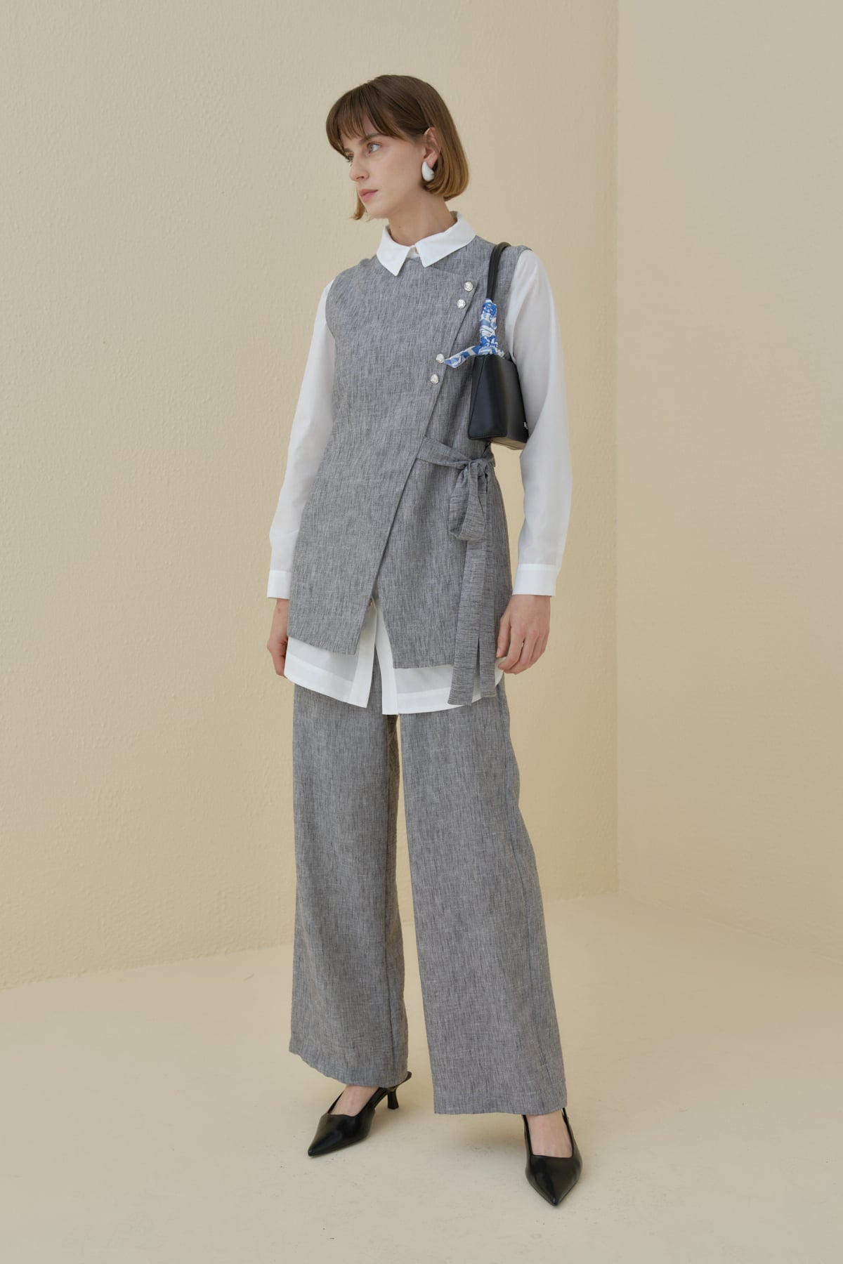 NİHAN Takım Nihan Asimetrik Kapama Yelek Pantolon Takım  Siyah_modest