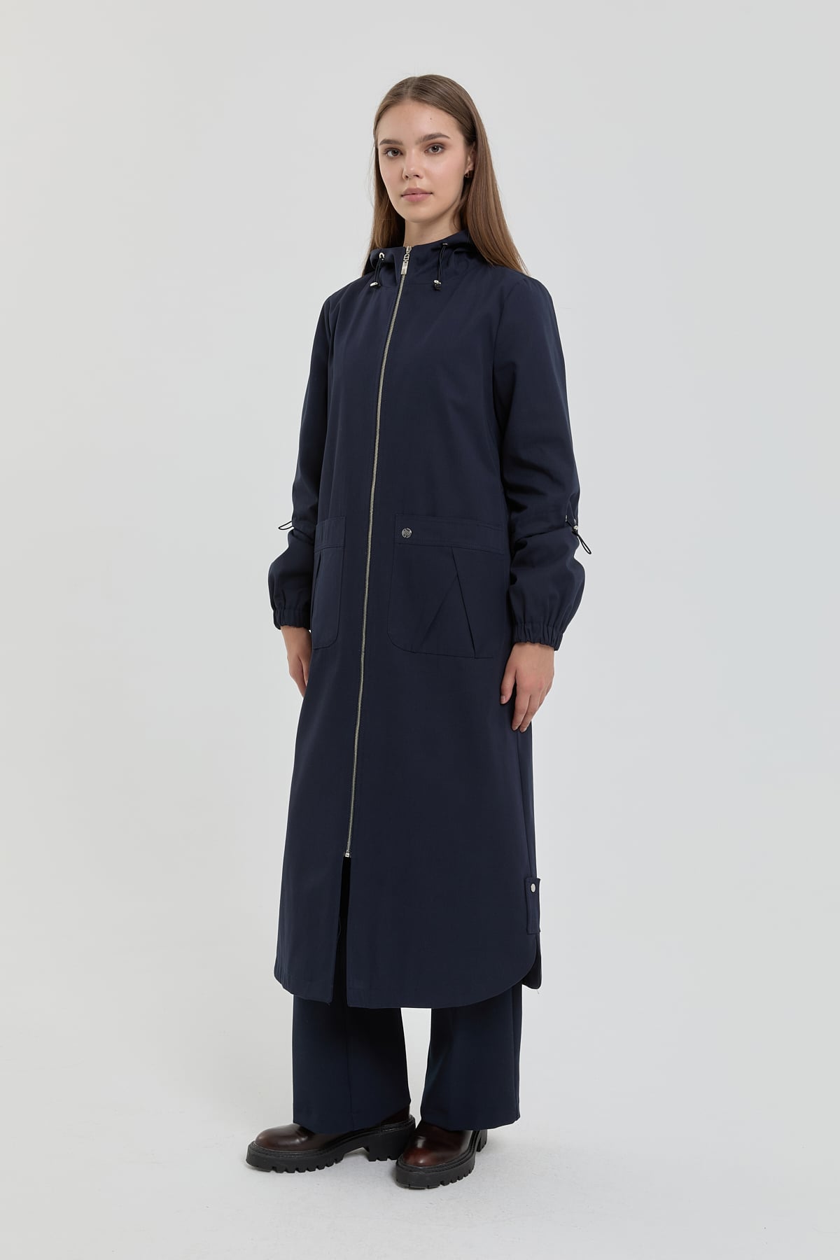 NİHAN Trench Coat Nihan Astronot Yaka Kol Detaylı Kap  Lacivert_modest