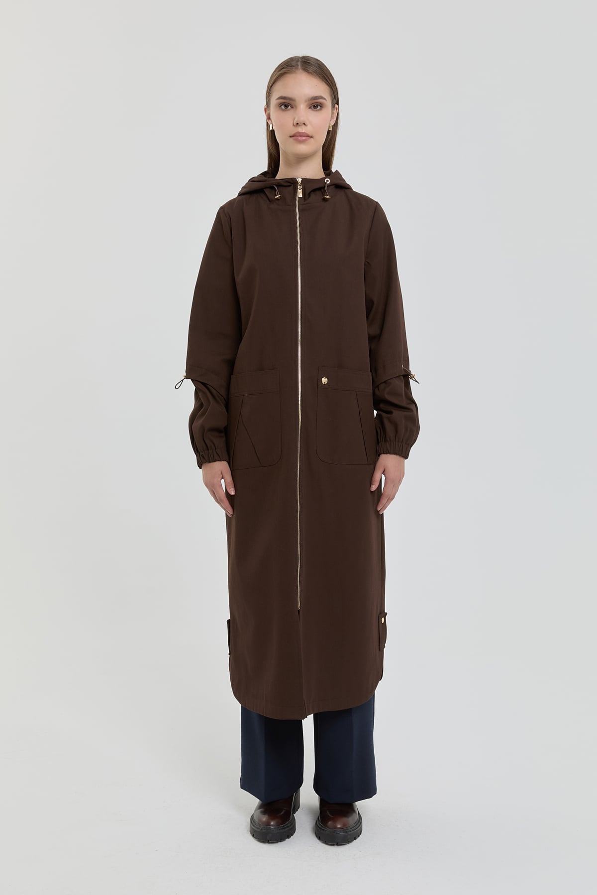 NİHAN Trench Coat Nihan Astronot Yaka Kol Detaylı Kap  Kahve_modest