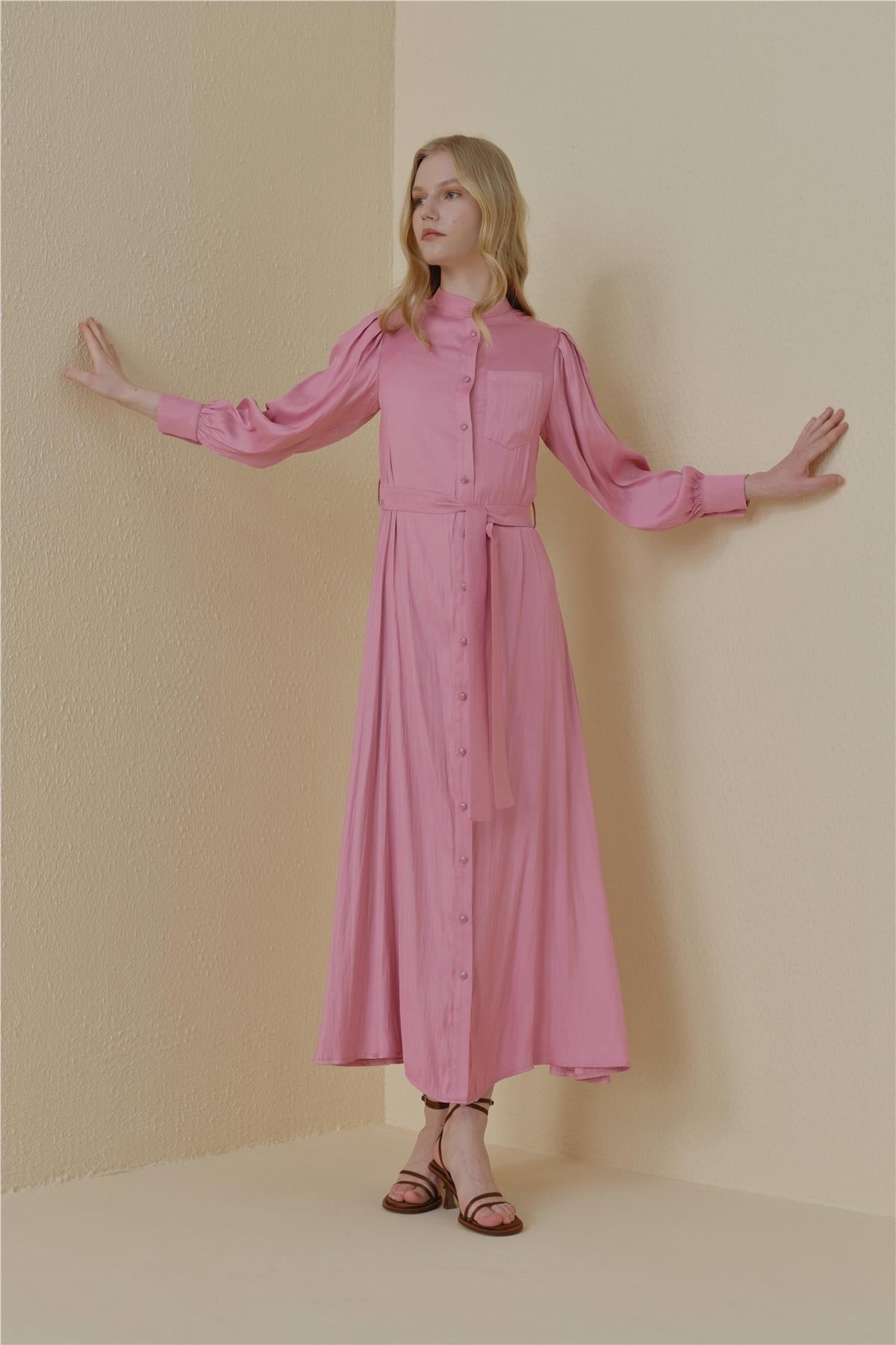 NİHAN Dress Nihan Balon Kollu Crash Elbise  Pembe_modest