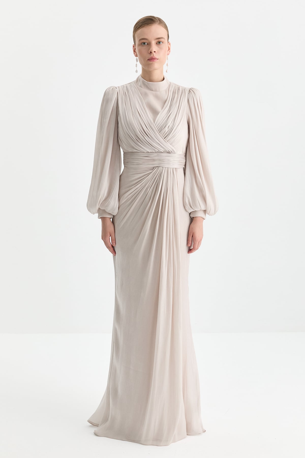 NİHAN Elbise Nihan Balon Kollu Drapeli Abiye  Bej_modest