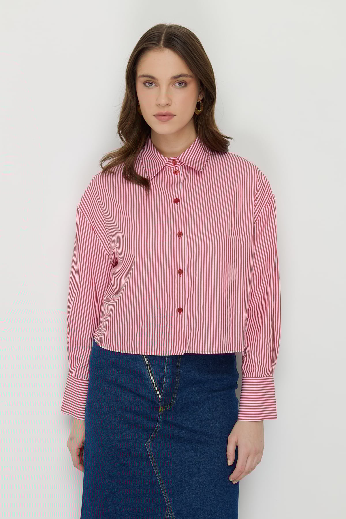 NİHAN Gömlek Nihan Basic Crop Gömlek  Kırmızı_modest