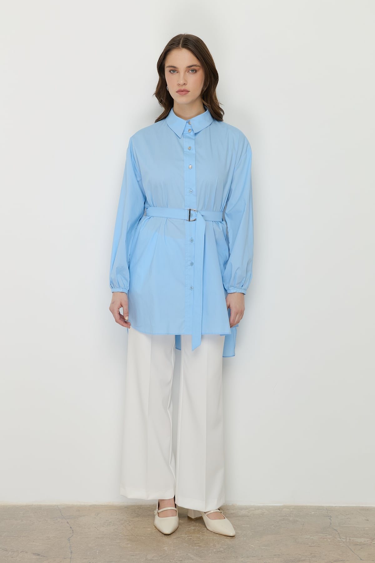 NİHAN Tunik Nihan Beli Kemerli Asimetrik Tunik  Açık Mavi_modest