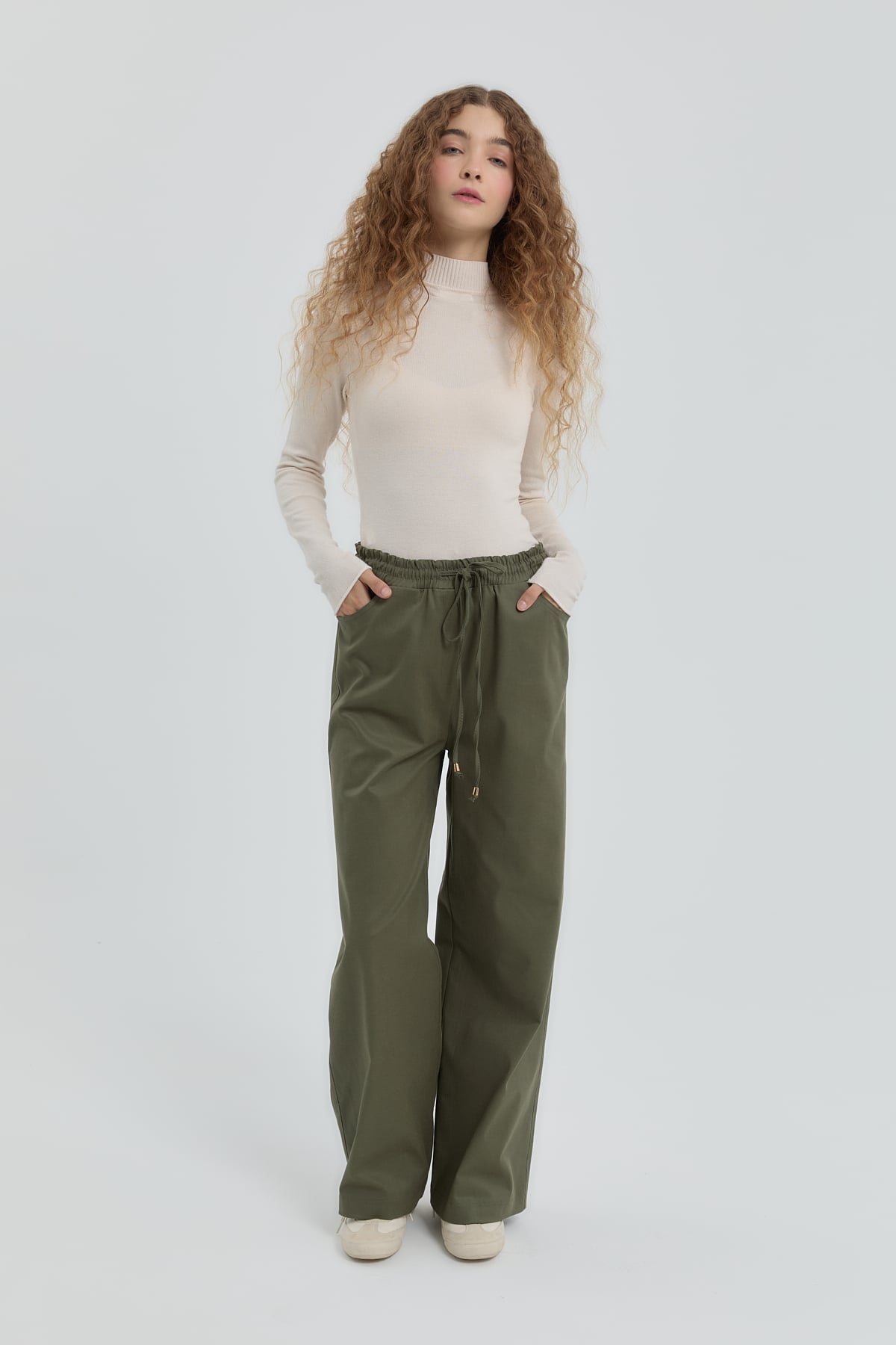 NİHAN Pants Nihan Beli Lastikli Bol Paça Pantolon  Haki_modest