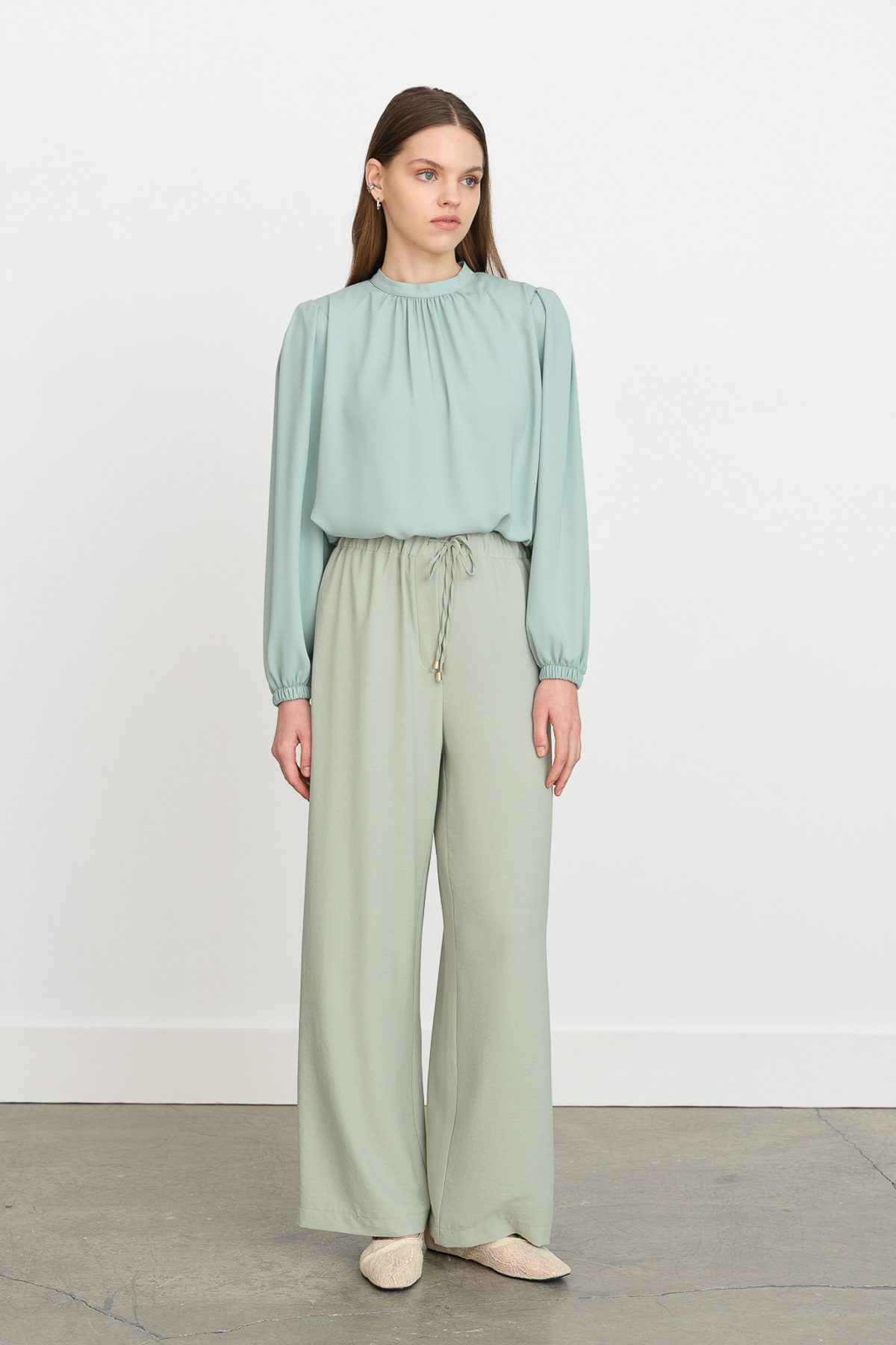 NİHAN Pantolon Nihan Beli Lastikli Bol Paça Pantolon  Mint_modest