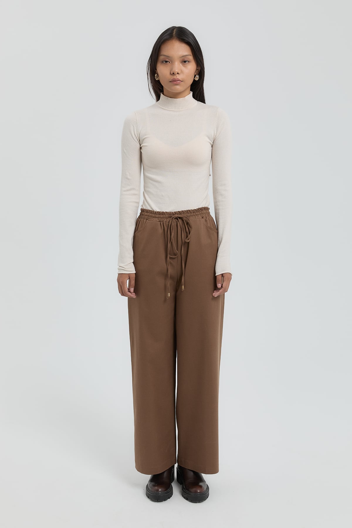 NİHAN Pants Nihan Beli Lastikli Bol Paça Pantolon  Açık Kahve_modest