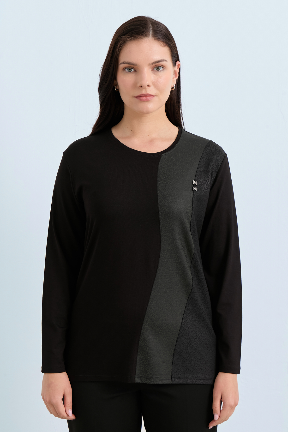 NİHAN Blouse Nihan Büyük Beden Yonca Triko Bluz  Siyah - Yeşil_modest