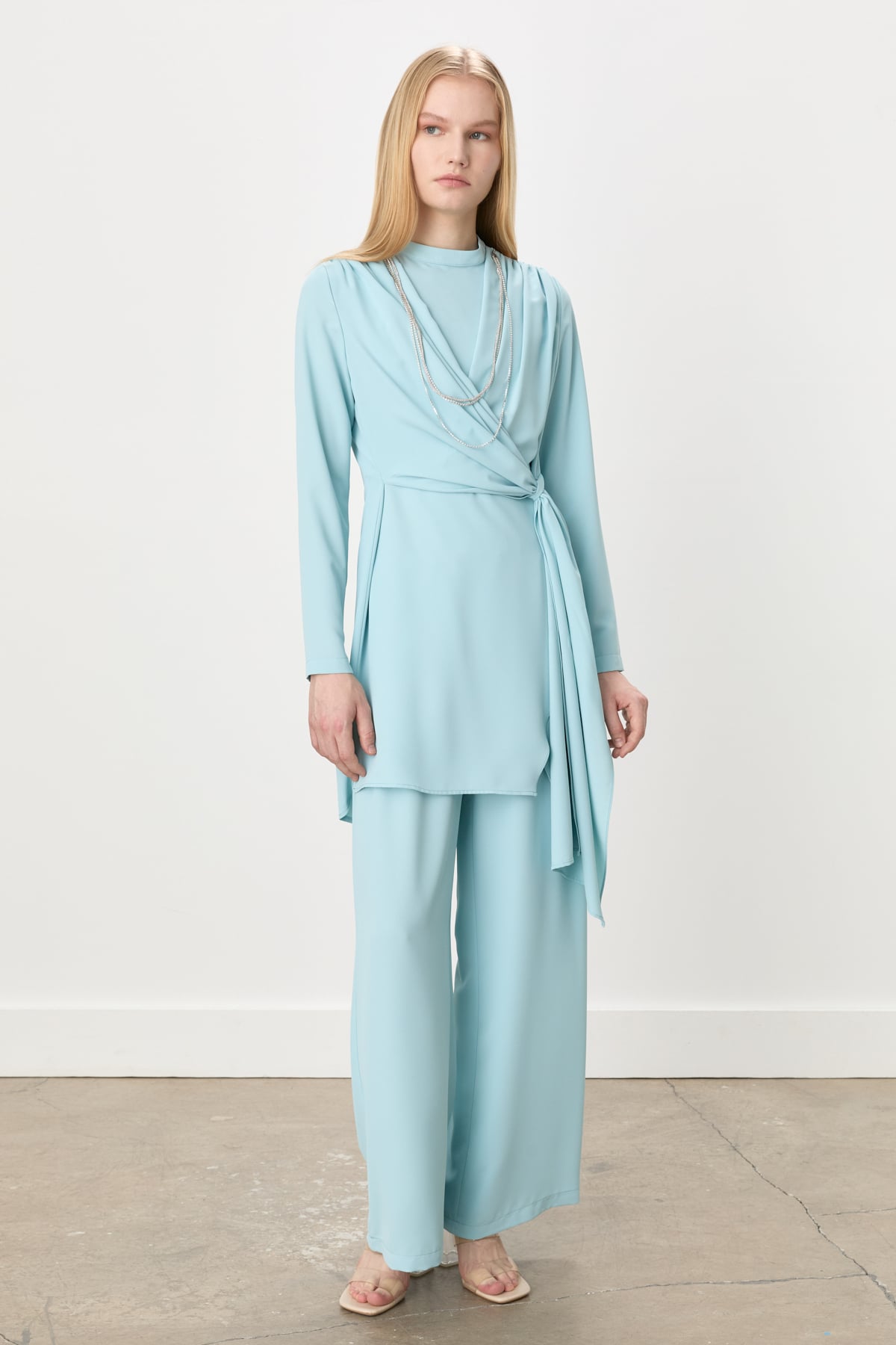 NİHAN Takım Nihan Büzgü Detaylı Şık Pantolon Tunik Takım  Aqua_modest