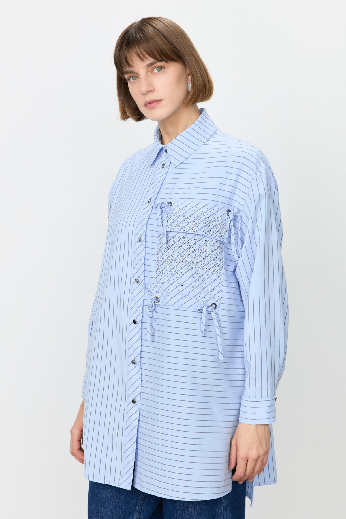 NİHAN Tunic Nihan Cebi Taşlı Çizgili Gömlek Tunik  Mavi_modest