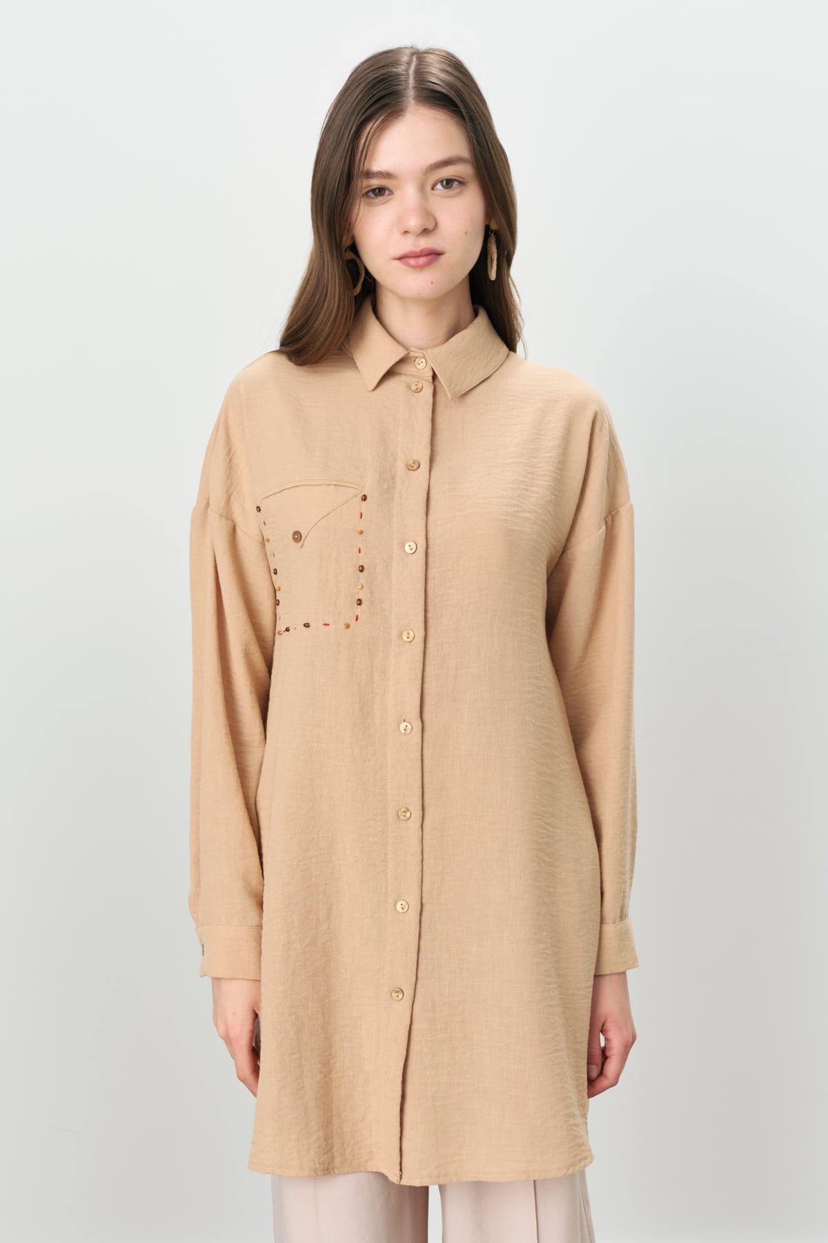 NİHAN Tunik Nihan Cep Detaylı Gömlek Yaka Tunik  Camel_modest