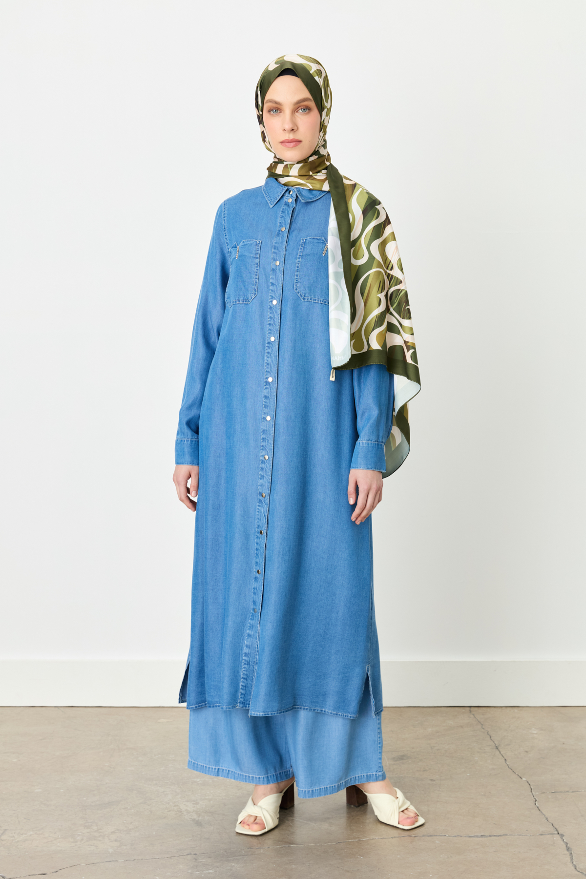 NİHAN Tunic Nihan Cep Detaylı Tencel Uzun Tunik  Buz_modest