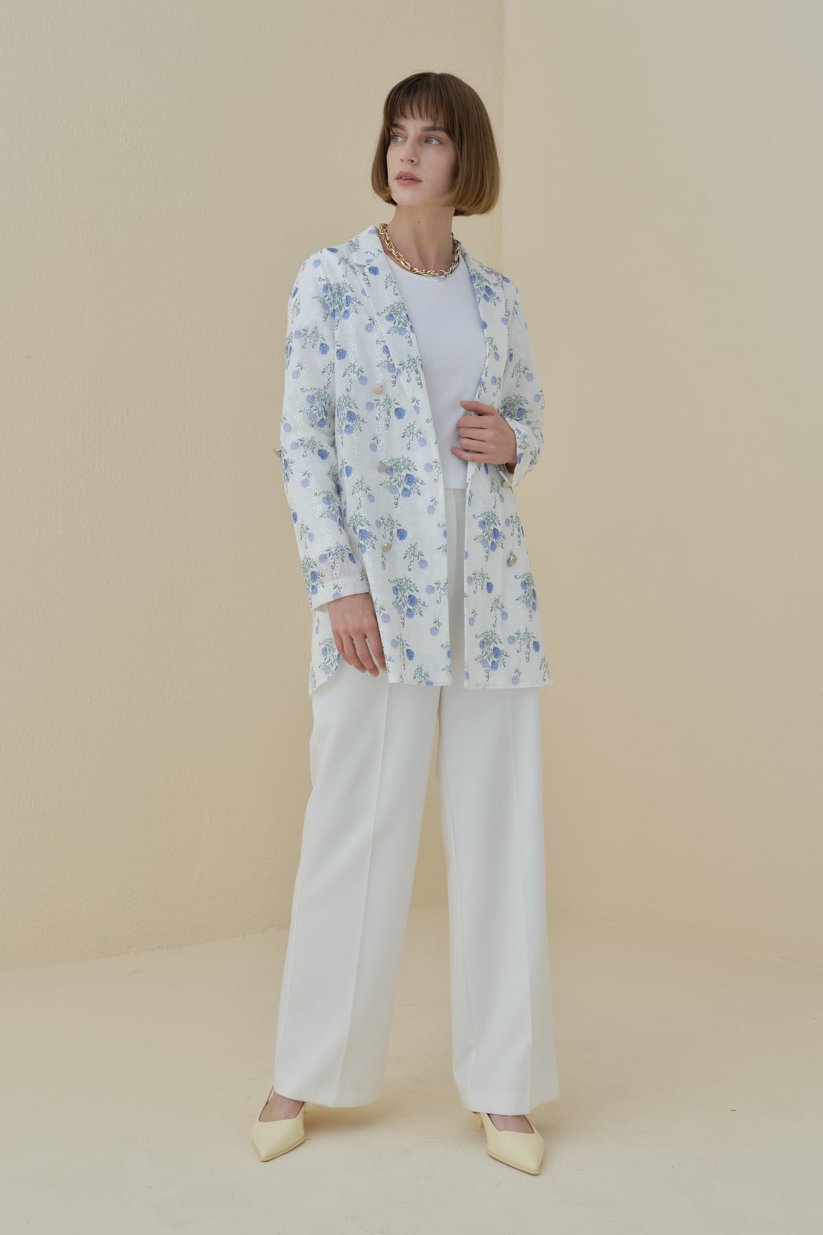 NİHAN Ceket Nihan Çiçek Desenli Blazer Ceket  Mavi_modest