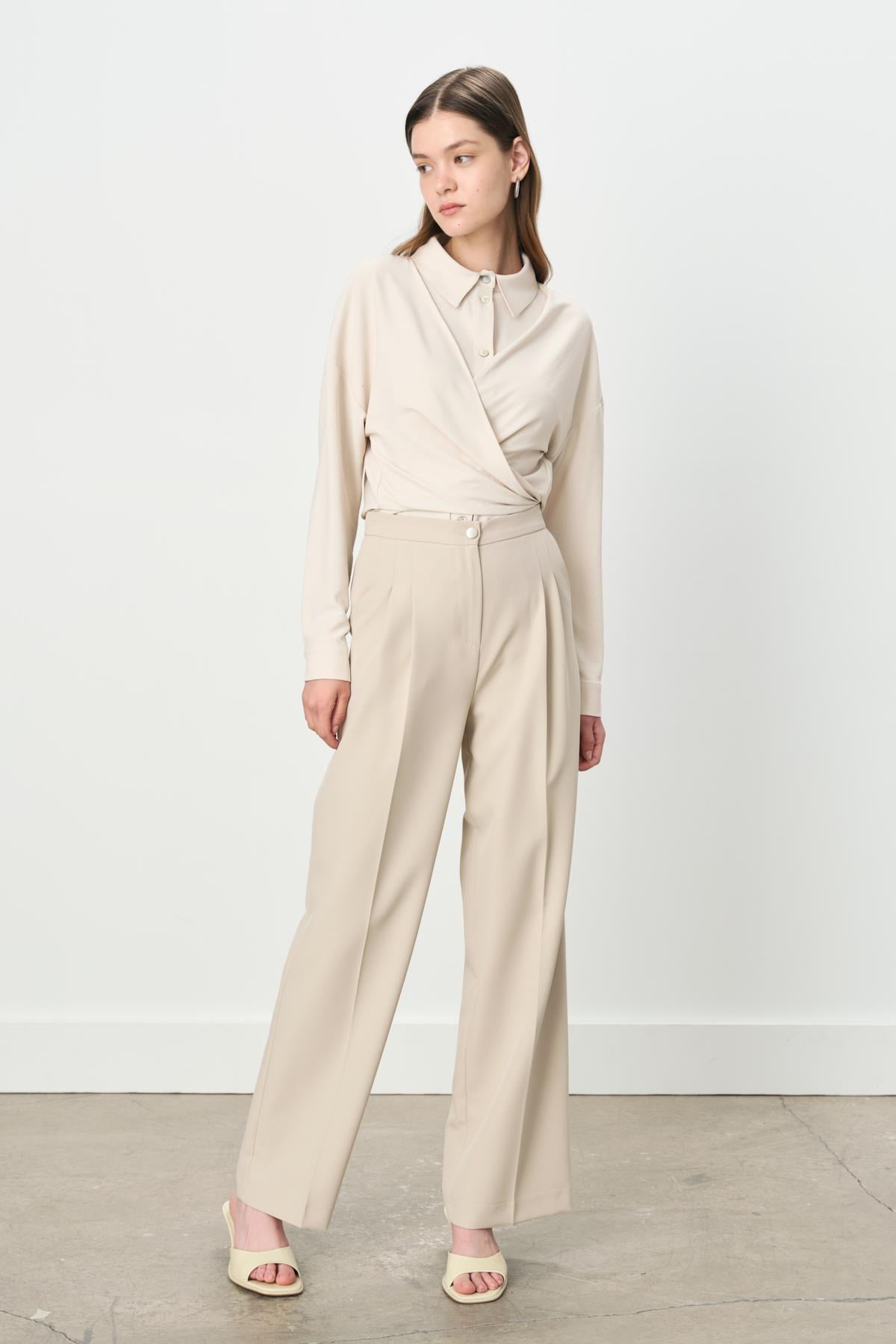 NİHAN Pants Nihan Çift Pileli Palazzo Pantolon  Taş_modest