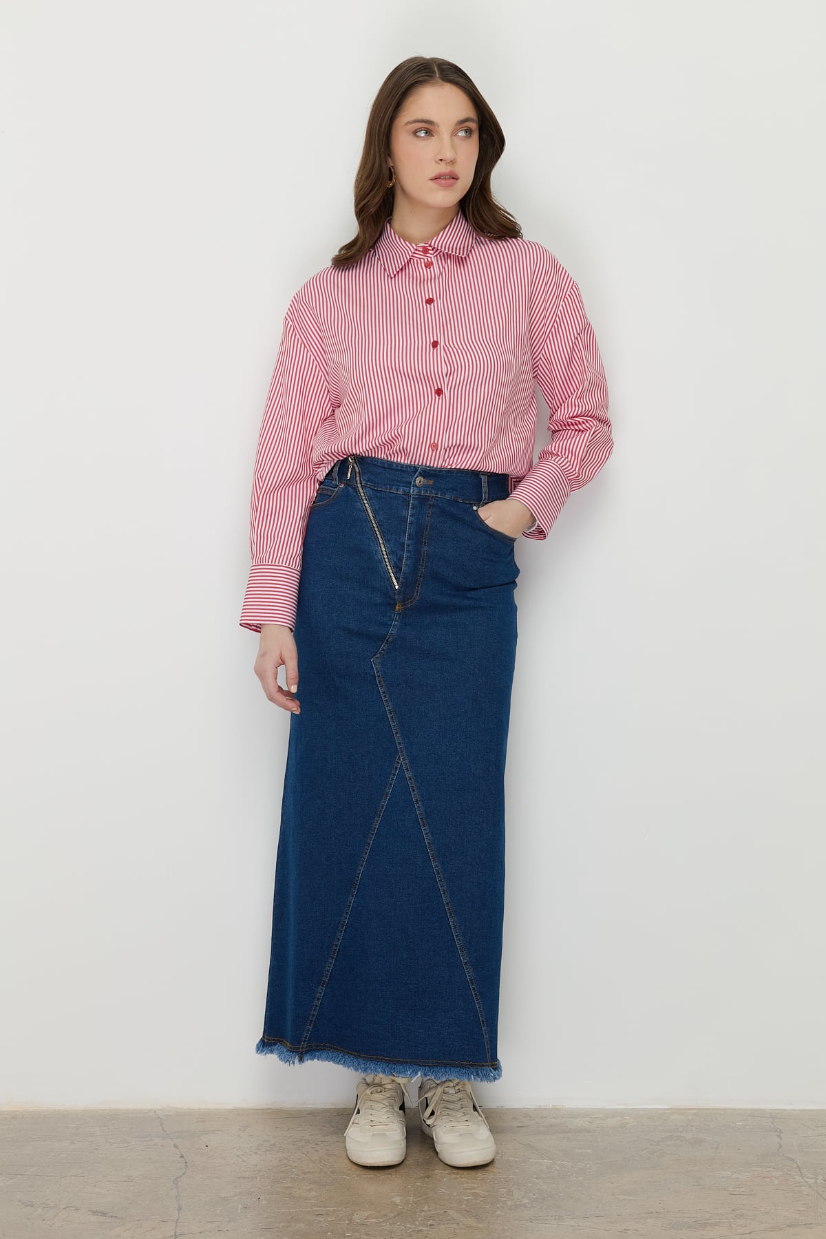 NİHAN Etek Nihan Çıt Çıtlı Fermuar Detaylı Denim Etek  İndigo_modest