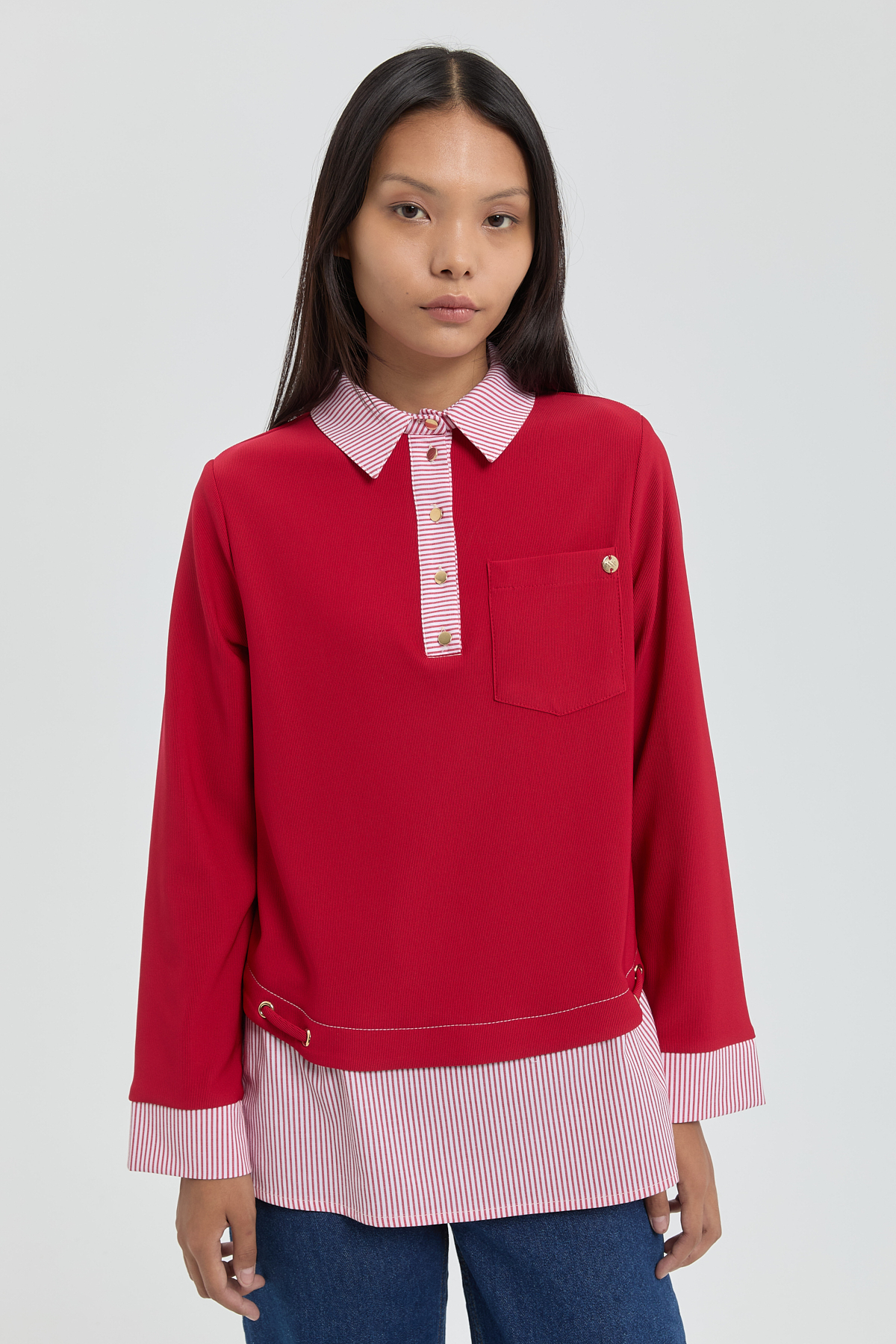 NİHAN Tunik Nihan Çizgi Kumaş Garnili Örme Gömlek Yaka Tunik  Kırmızı_modest