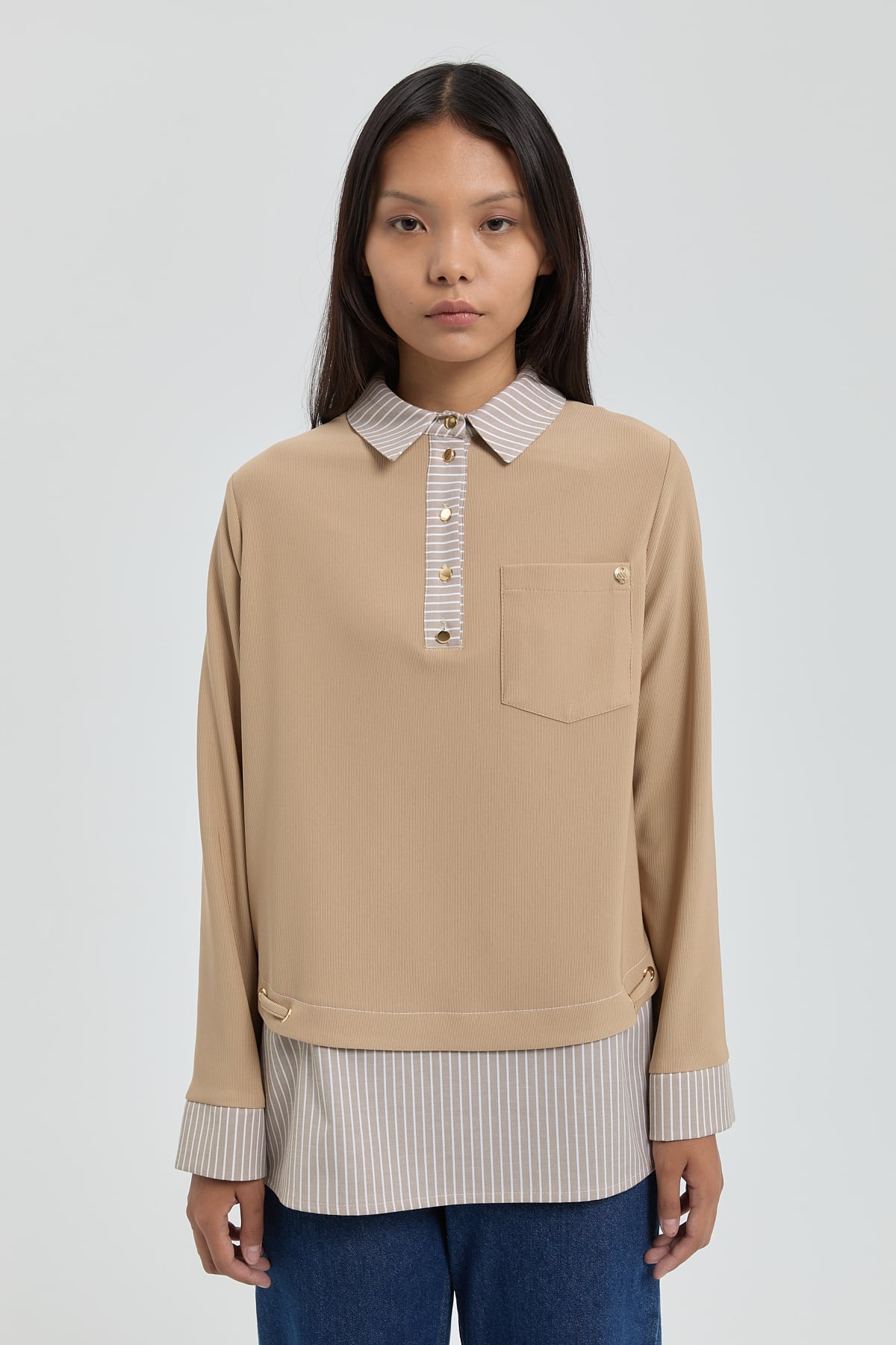 NİHAN Tunik Nihan Çizgi Kumaş Garnili Örme Gömlek Yaka Tunik  Camel_modest