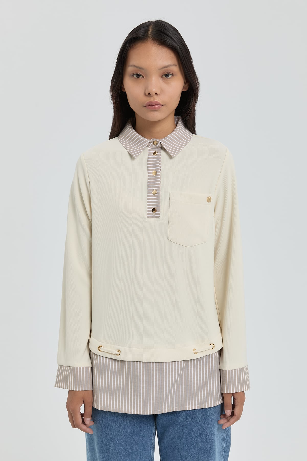 NİHAN Tunik Nihan Çizgi Kumaş Garnili Örme Gömlek Yaka Tunik  Ekru_modest