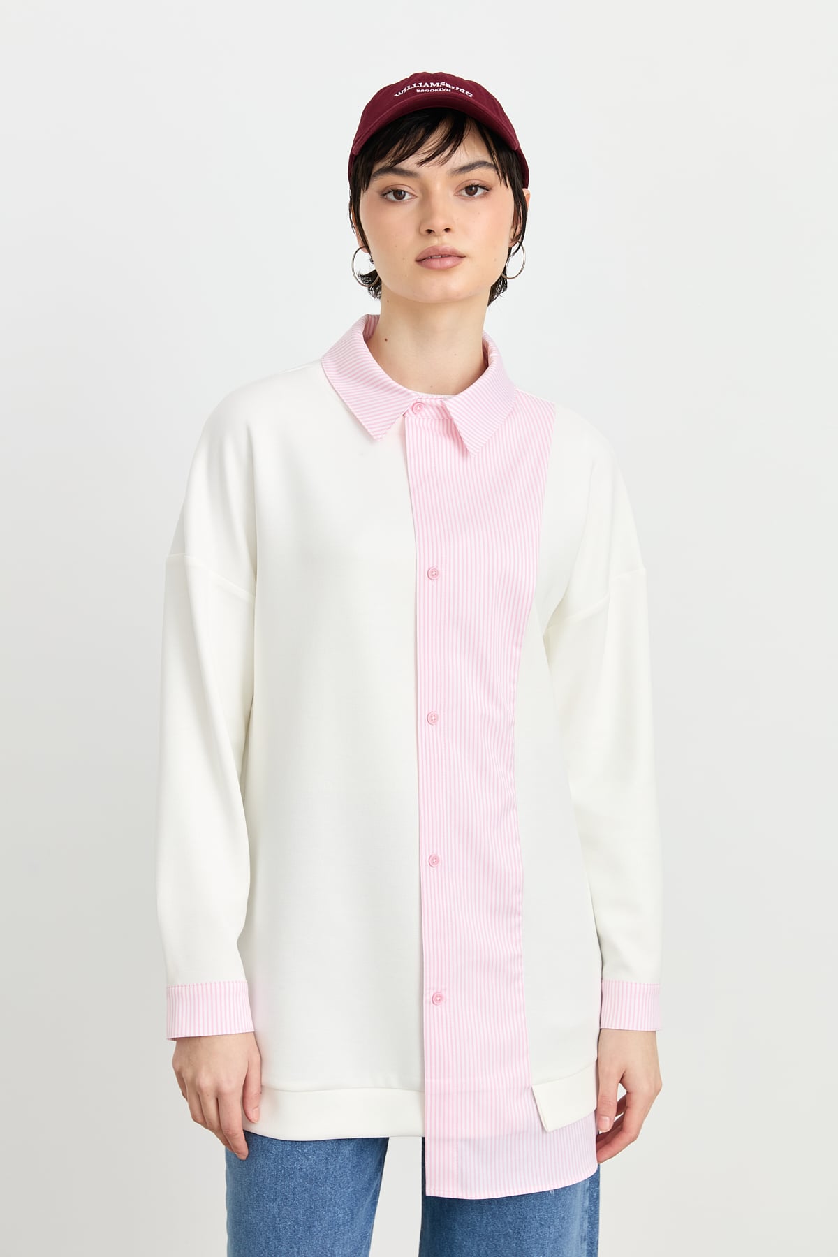 NİHAN Tunik Nihan Çizgi Kumaş Mixli Asimetrik Tunik  Pembe_modest
