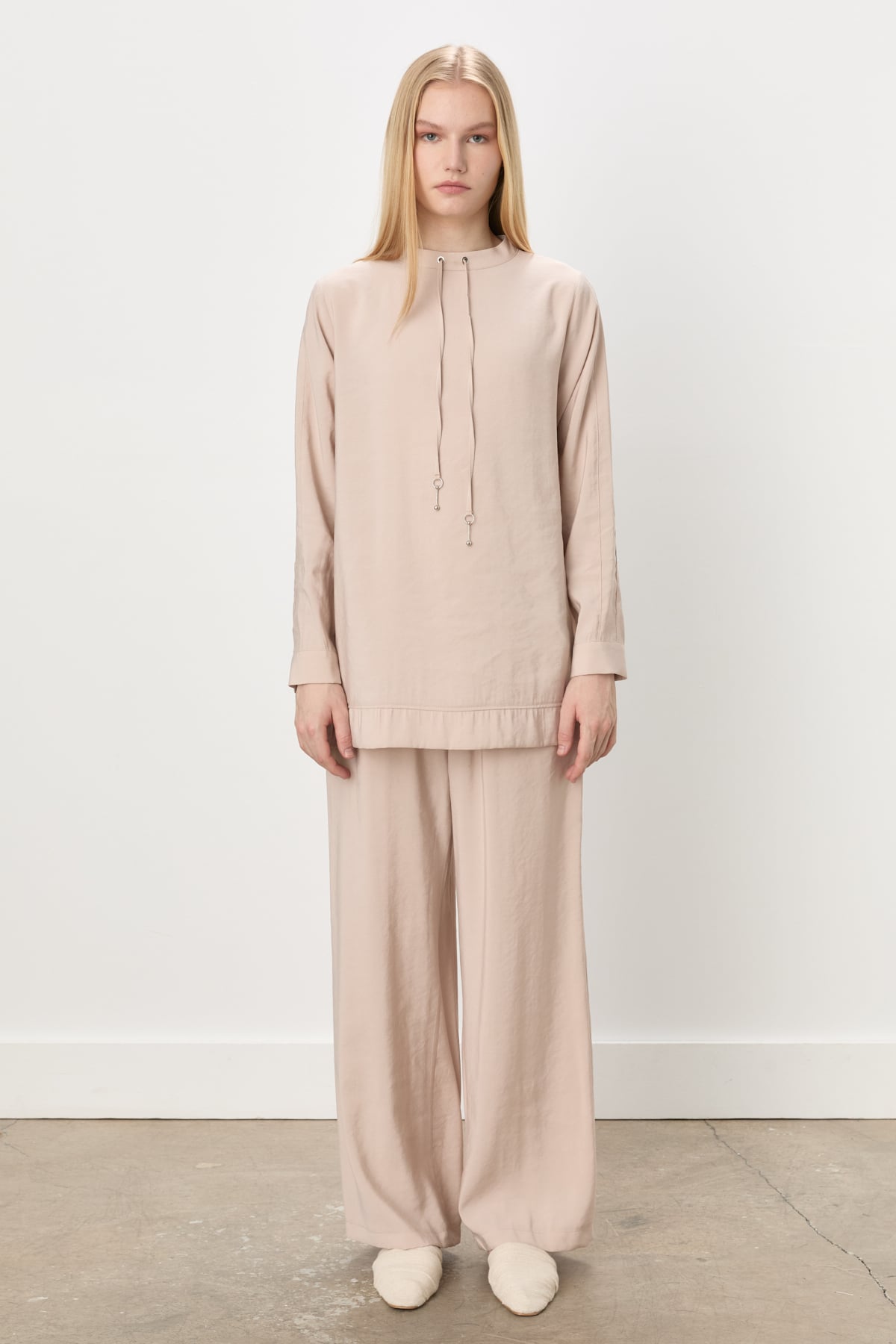 NİHAN Suits Nihan Dantel Detaylı Pantolon Tunik Modal Takım  Bej_modest