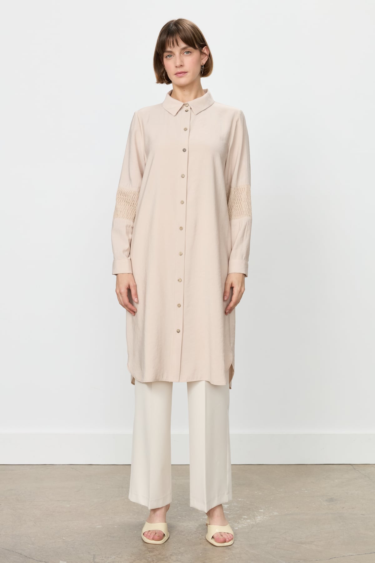 NİHAN Tunic Nihan Dantel ve File Detaylı Tunik  Bej_modest