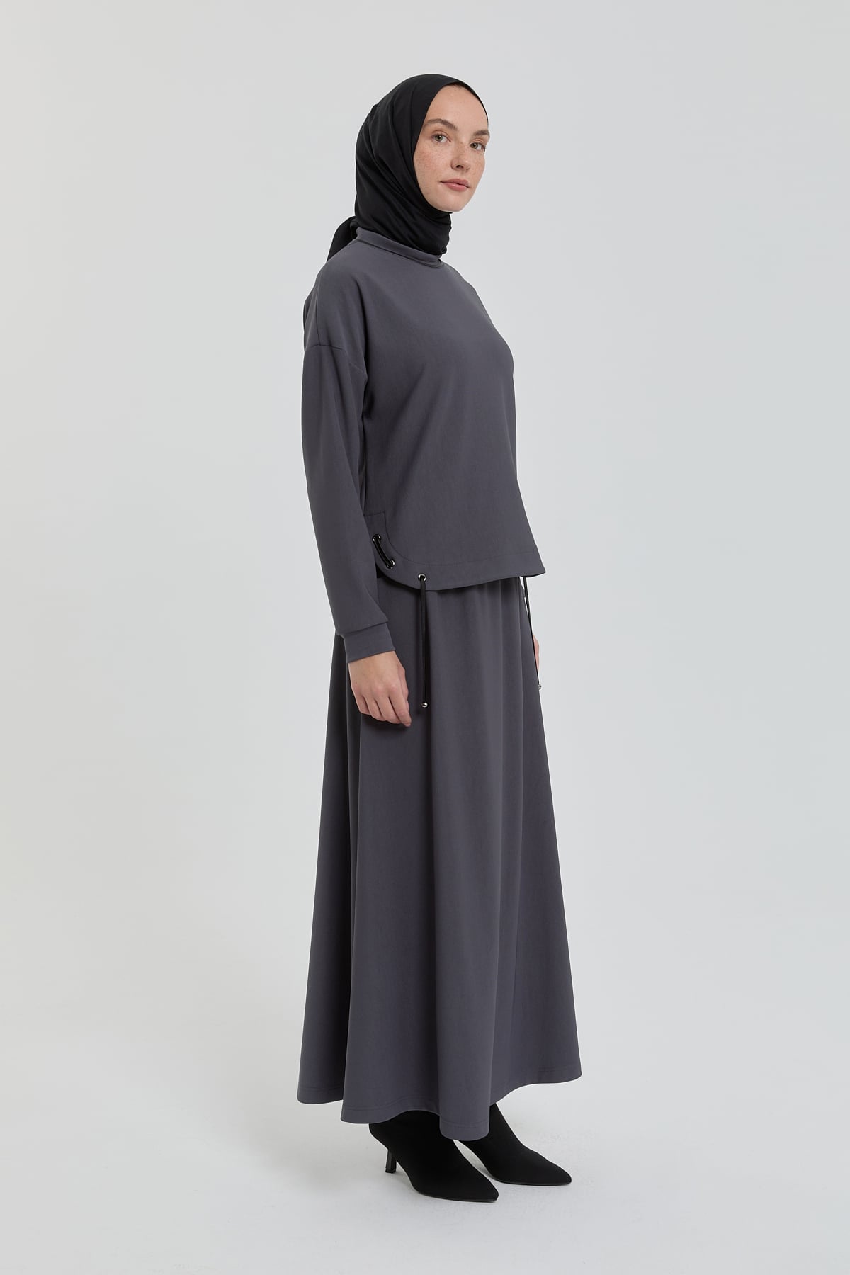 NİHAN Takım Nihan Deri Detaylı Örme Etek Bluz Takım  Füme_modest