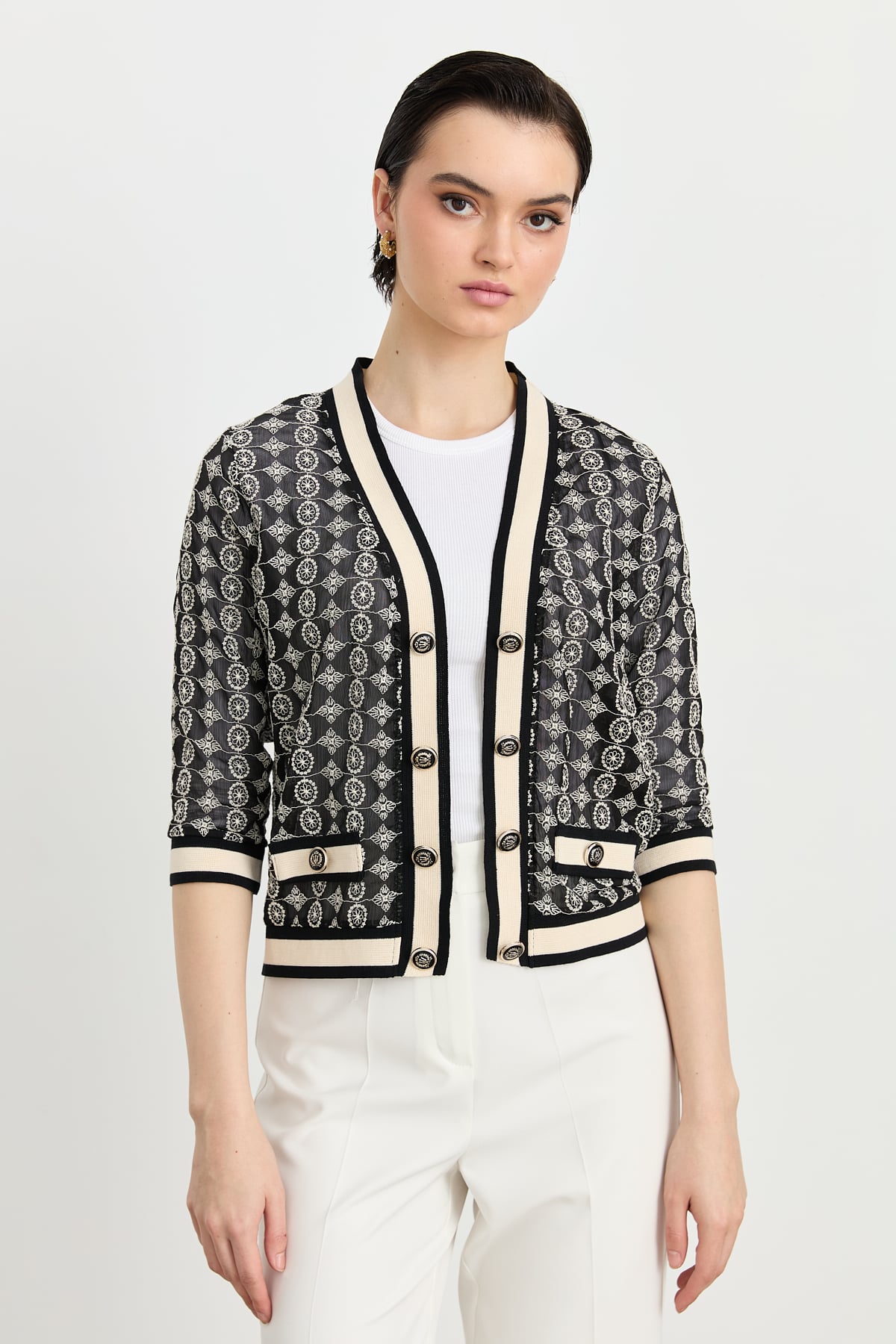 NİHAN Cardigan Nihan Desenli Ribanalı Kısa Hırka  Siyah_modest