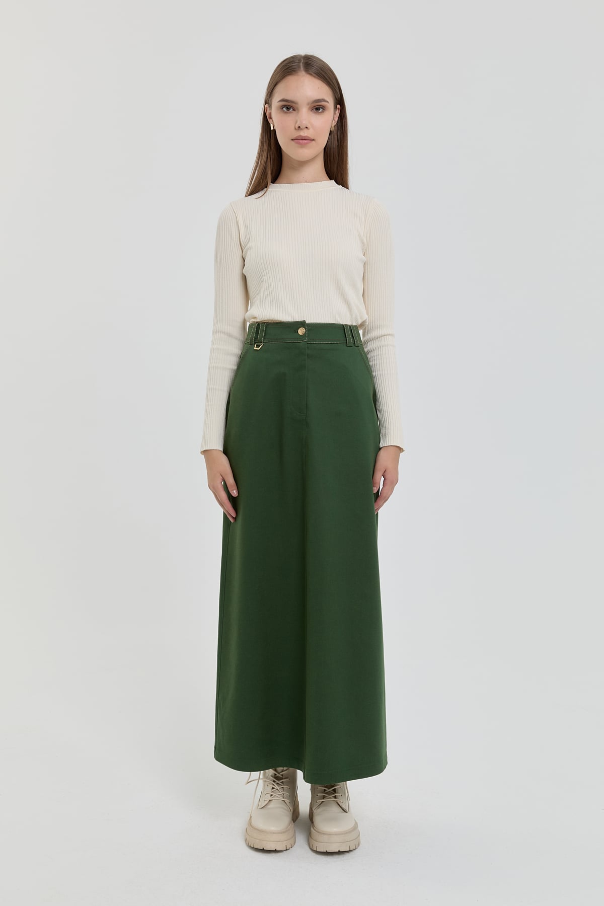 NİHAN Skirt Nihan Dikiş Detaylı Etek  Yeşil_modest