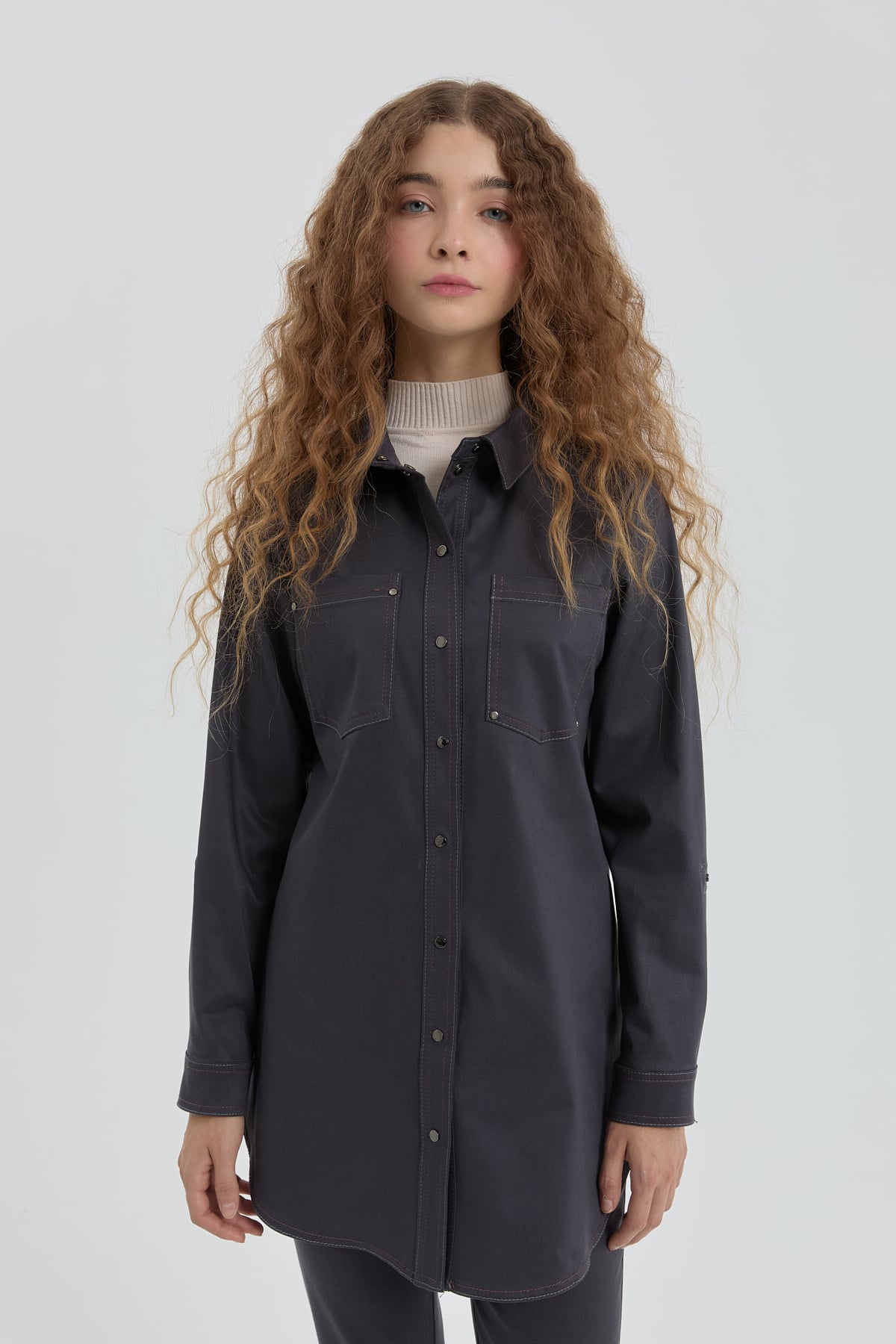 NİHAN Tunic Nihan Dikiş Detaylı Gömlek Yaka Tunik  Füme_modest