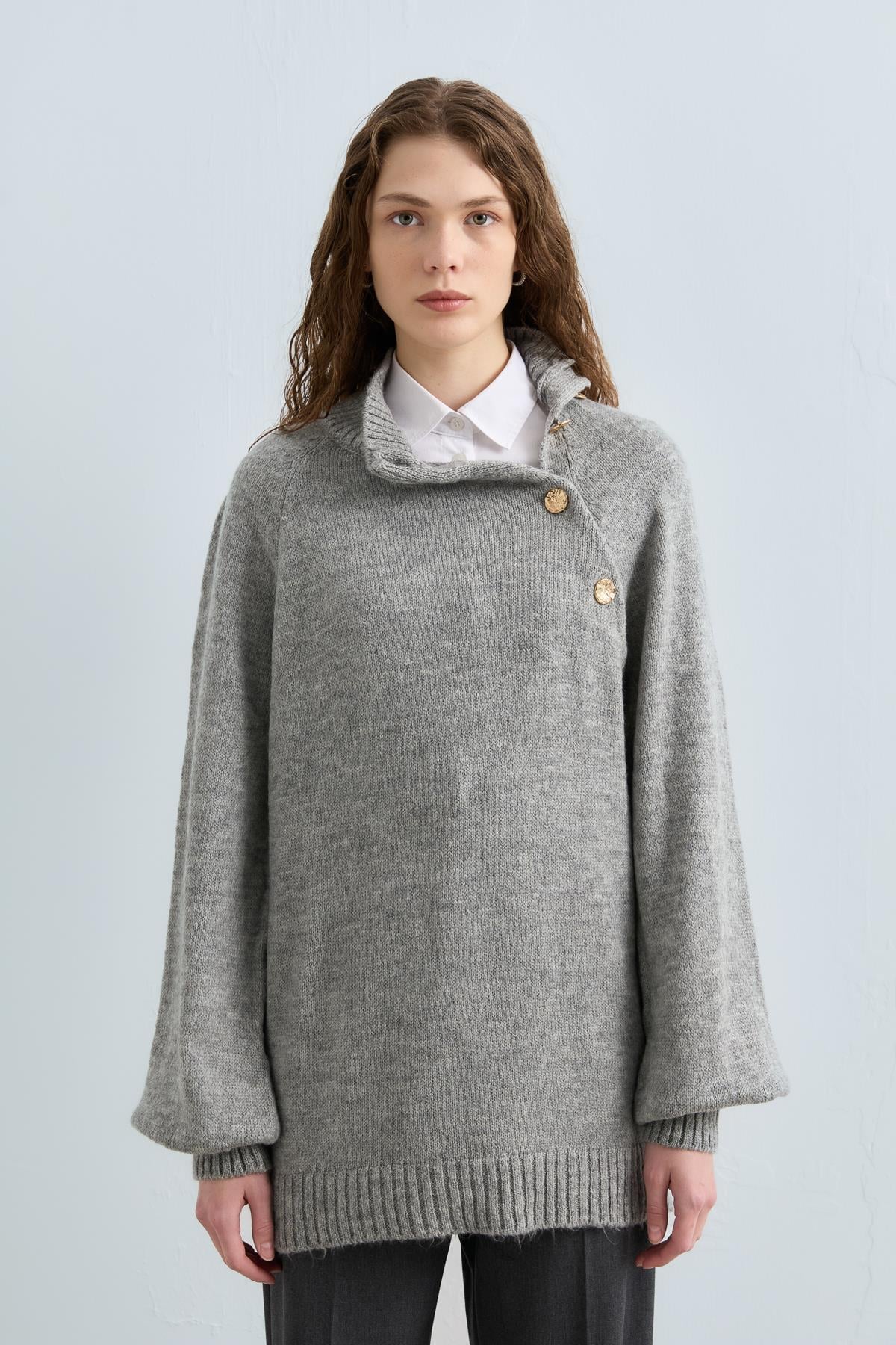 NİHAN Tunik Nihan Düğme Detaylı Triko Tunik  Gri_modest