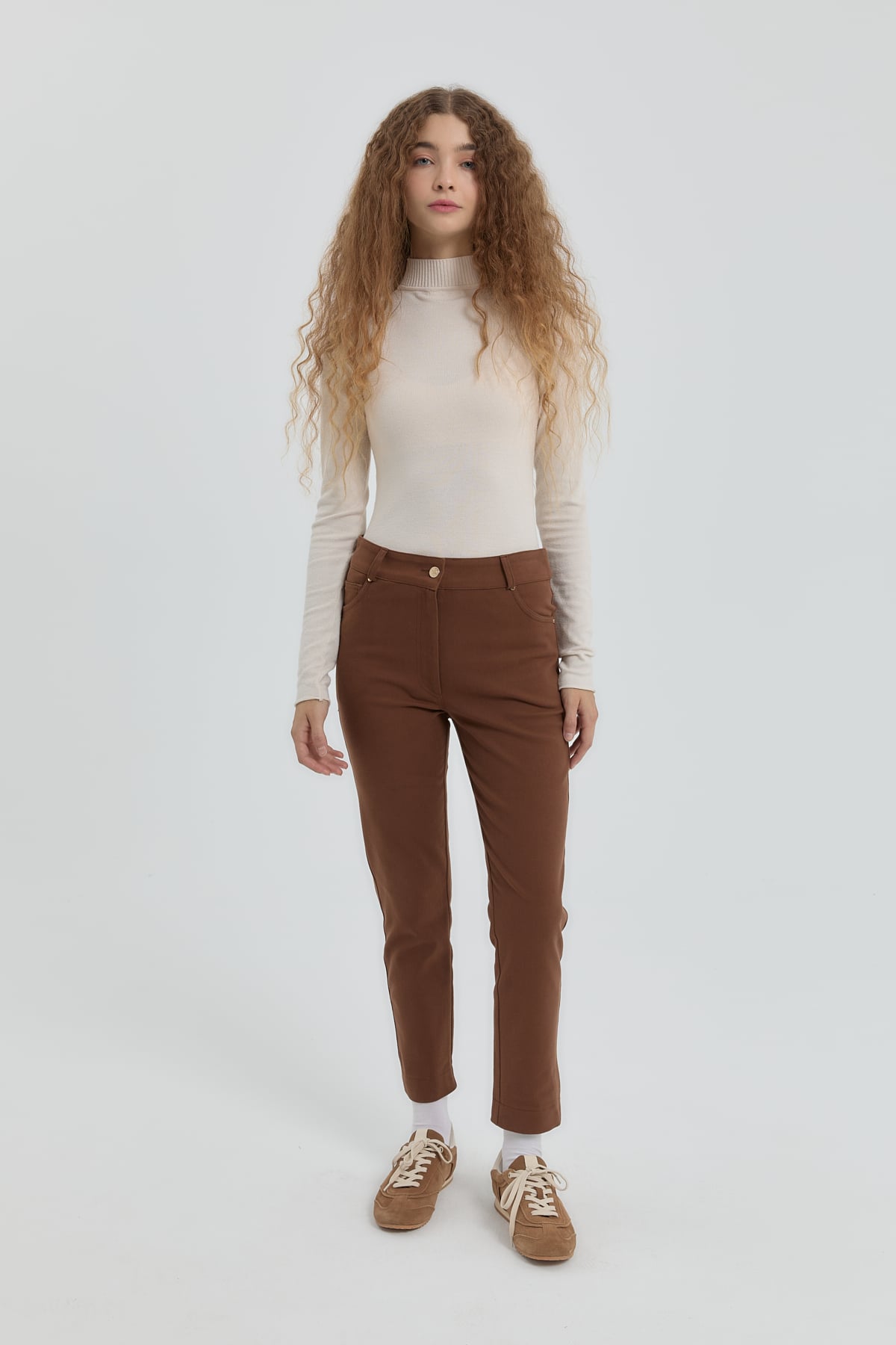 NİHAN Pants Nihan Gabardin Dar Paça Pantolon  Kahve_modest