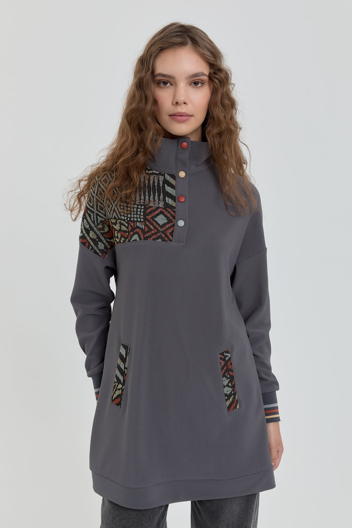 NİHAN Sweat Nihan Garnili Dik Yaka Sweat  Füme_modest
