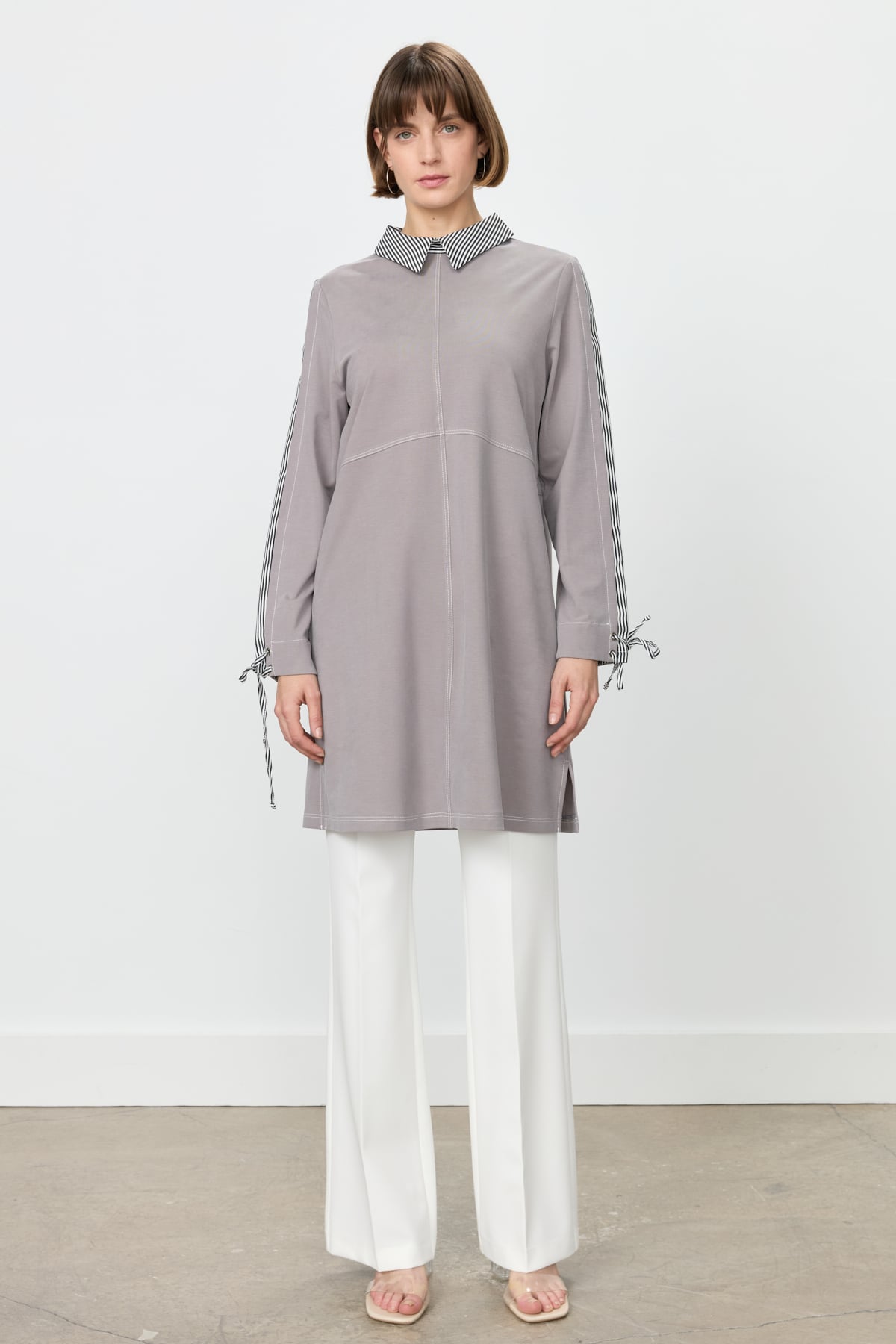 NİHAN Tunik Nihan Garnili Gömlek Yaka Tunik  Gri_modest