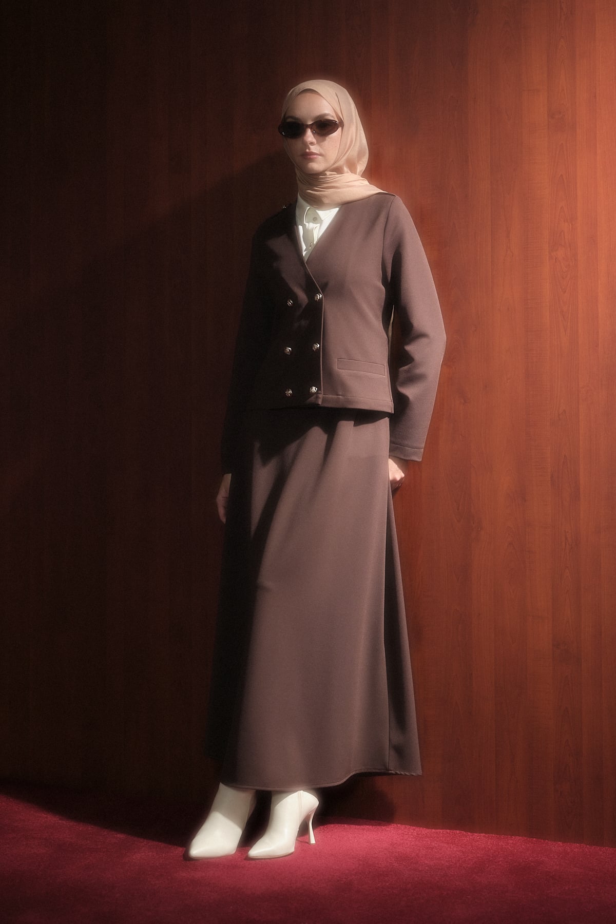 NİHAN Takım Nihan Gold Düğmeli Örme Etek Ceket Takım  Kahve_modest