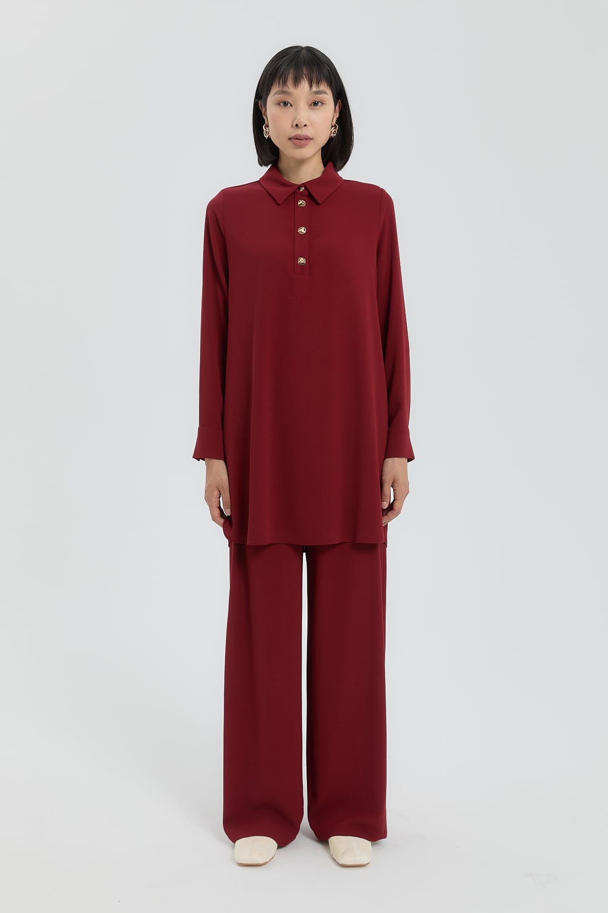 NİHAN Takım Nihan Gold Düğmeli Pantolon Tunik Takım  Bordo_modest
