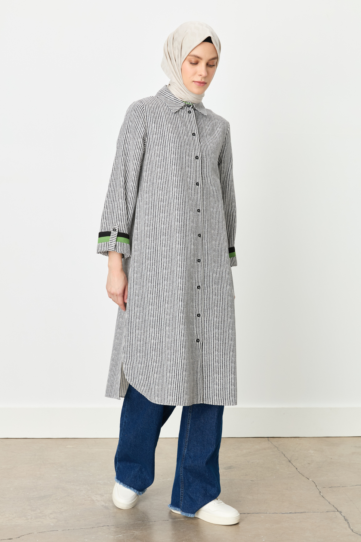 NİHAN Tunic Nihan Gömlek Yaka Çizgili Tunik  Siyah_modest