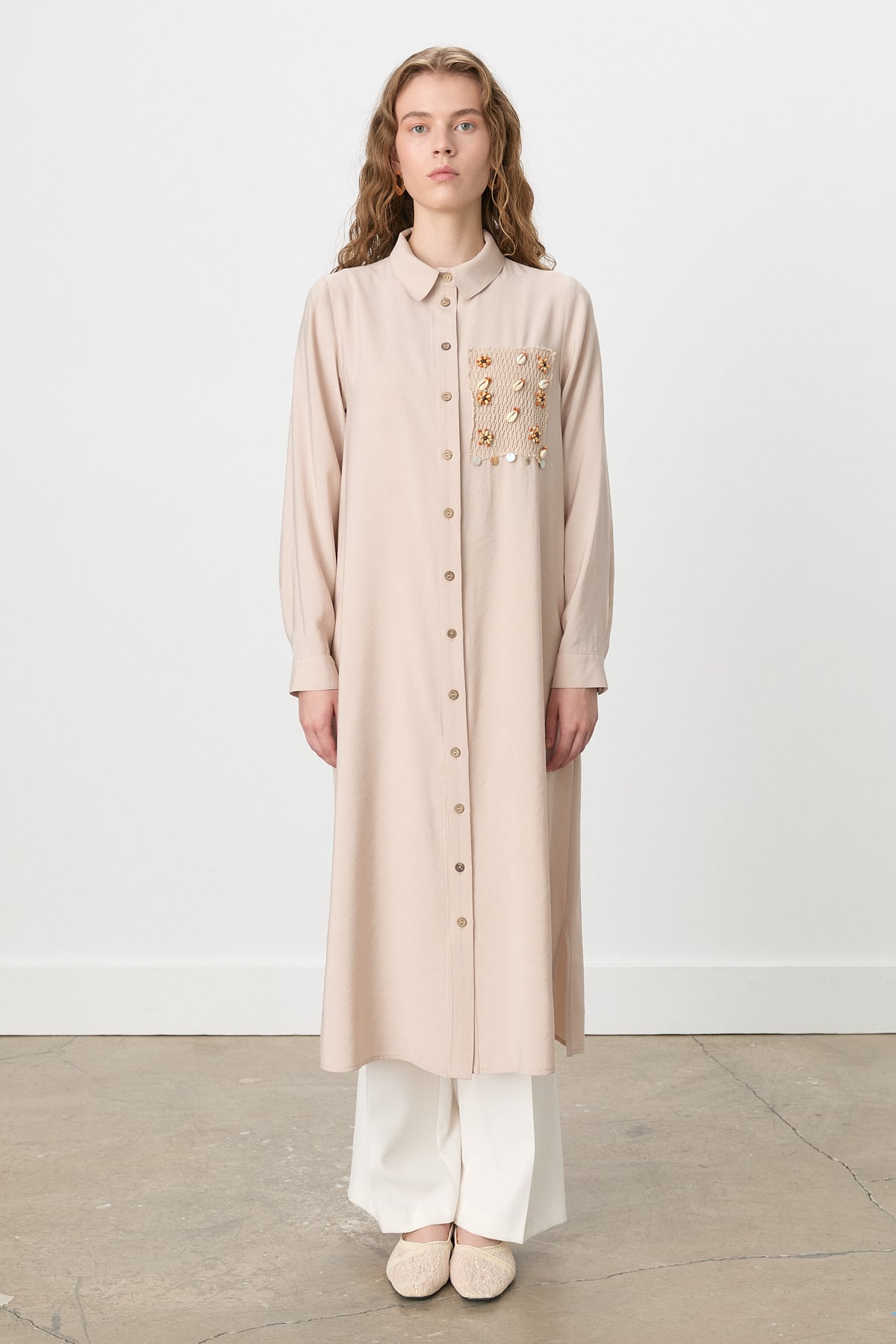 NİHAN Tunik Nihan Gömlek Yaka Makromeli Modal Tunik  Bej_modest