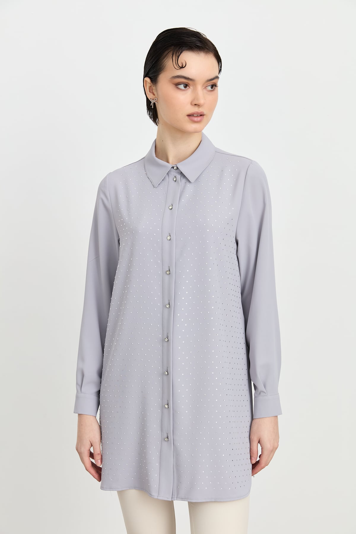 NİHAN Tunik Nihan Gömlek Yaka Taşlı Şık Tunik  Gri_modest