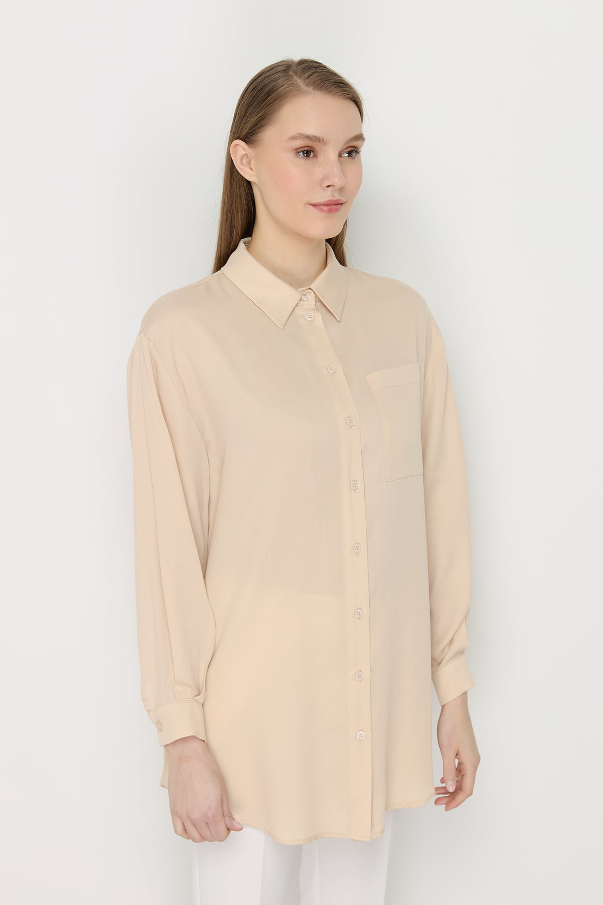 NİHAN Tunic Nihan Gömlek Yaka Tencel Basic Tunik  Bej_modest