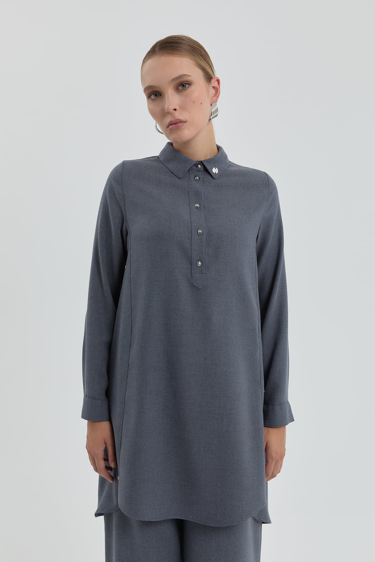 NİHAN Tunik Nihan Gömlek Yaka Tunik  Gri_modest