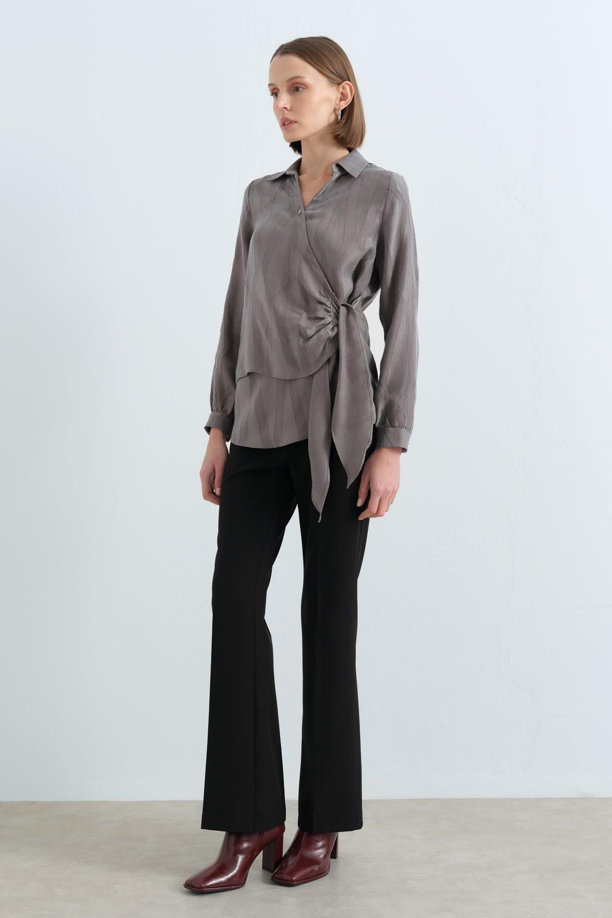 NİHAN Blouse Nihan Gömlek Yakalı Anvelop Bluz  Gri_modest