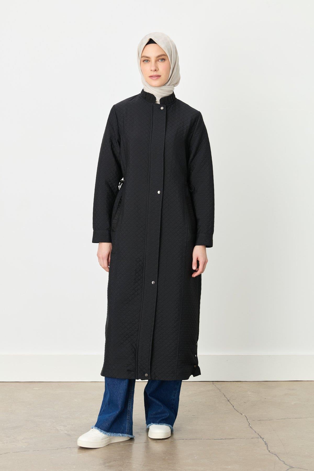 NİHAN Trench Coat Nihan İnce Kapitone Beli Büzgülü Kap  Siyah_modest