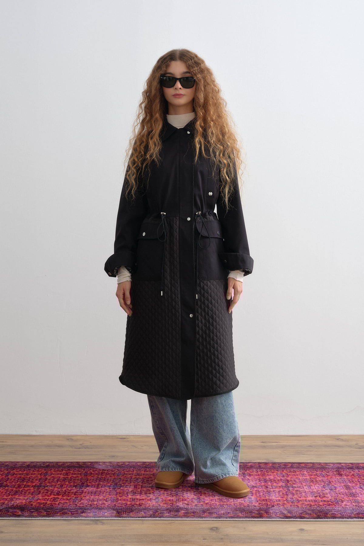 NİHAN Kap Nihan İnce Kapitone Garnili Beli Büzgülü Kap  Siyah_modest