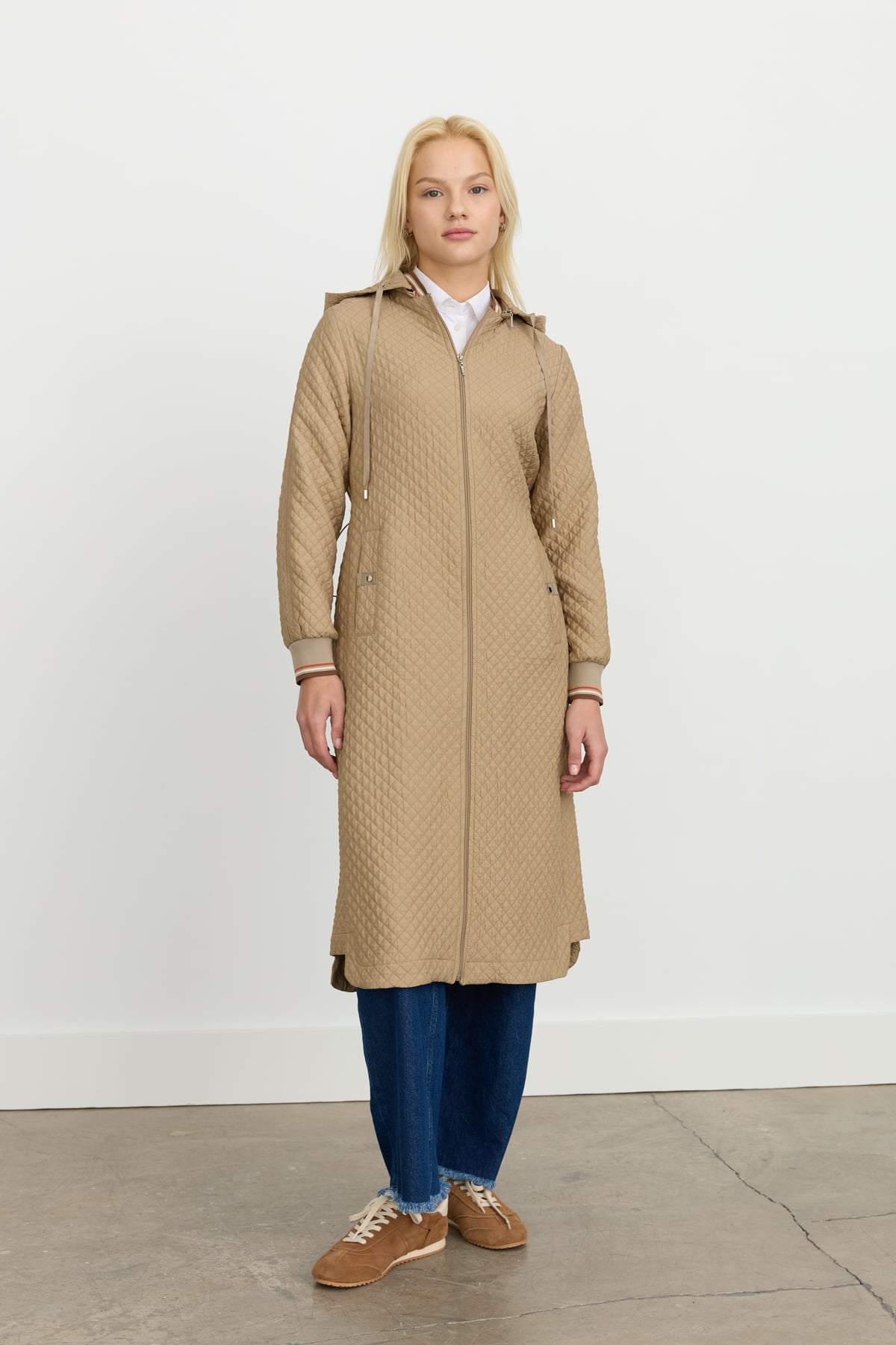 NİHAN Trench Coat Nihan İnce Kapitone Ribanalı Kap  Bej_modest